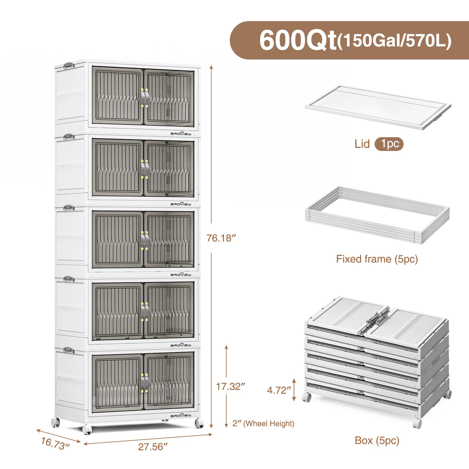 120 Qt Stackable Storage Bins with Lids - 5-Pack White Collapsible Storage Boxes with Wheels for Closet, Home & Office Organization - Plastic Storage Containers for Clothes, Toys & Seasonal Items