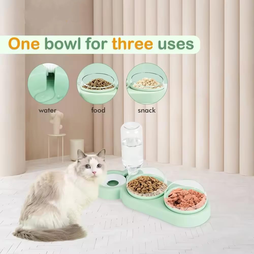 Raised Cat Bowls Set - 2 Food & 1 Water Feeder for Cats & Small Dogs (Green) - Perfect for Home & Travel Use
