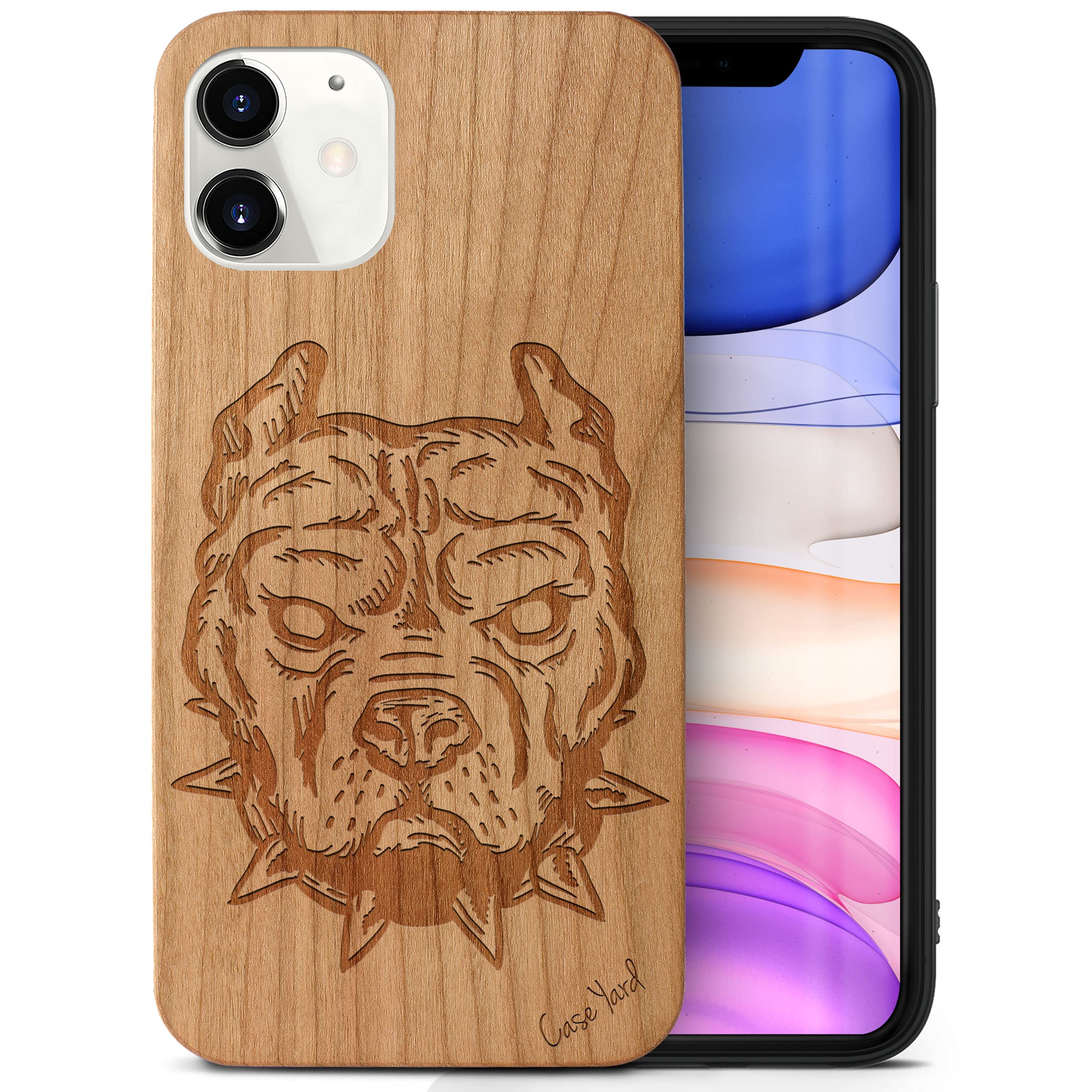 **CaseYard Premium Cherry Wood iPhone 12 Mini Case – Laser Engraved Pitbull Design, Slim Fit, Shockproof & Protective Cover for Men & Women – Perfect for Daily Use, Travel & Outdoor Activities**