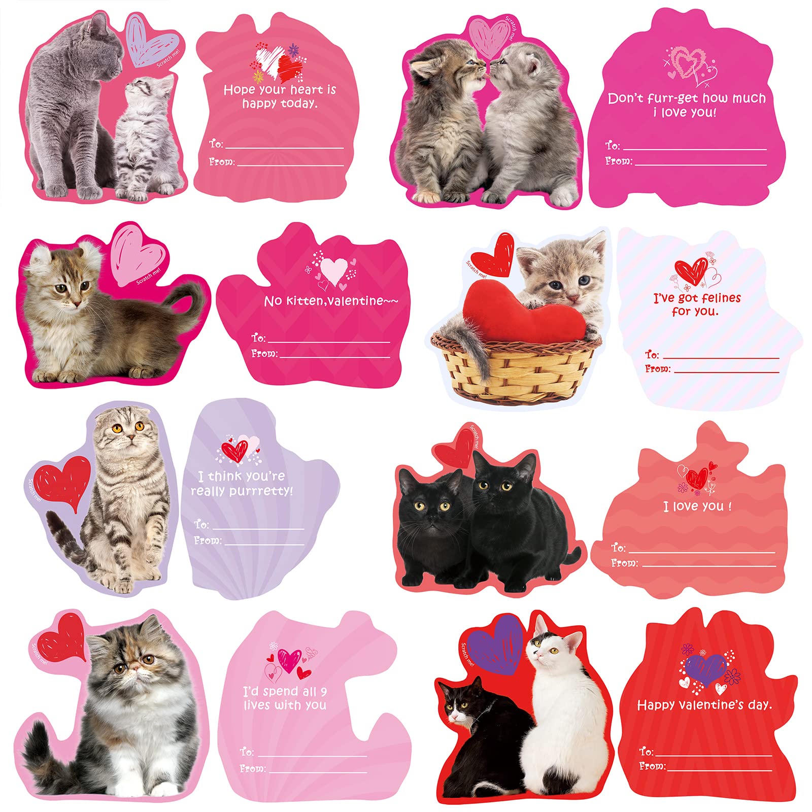 48 Sets Valentine's Day Scratch & Sniff Strawberry Scented Greeting Cards with Envelopes - Cute Cat Kitten Pet Love Cards with Heart Stickers for Kids Classroom Exchange, Party Favors & School Gift Giving - Perfect for Valentine's Day Celebrations, Classroom Activities and Friendship Gifts