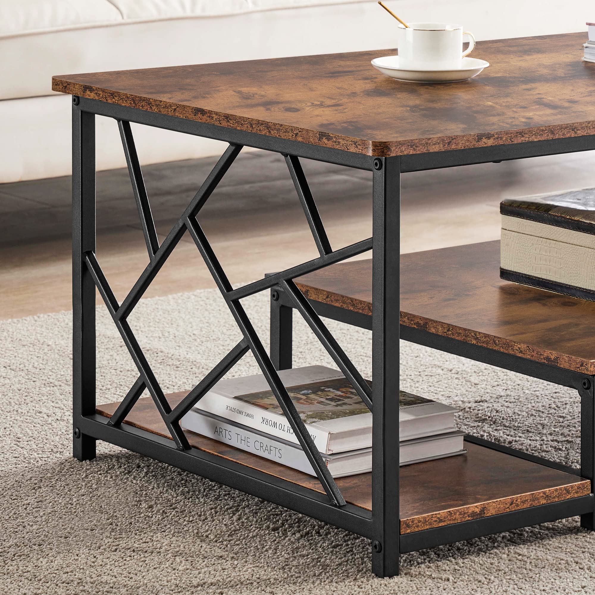 Rustic Wood Coffee Table for Living Room - Farmhouse Mid Century Modern TV Stand with Black Metal Frame, Industrial Cocktail Table with Double Storage Shelves (Brown) | Perfect for Small Spaces, Apartments & Cozy Home Decor