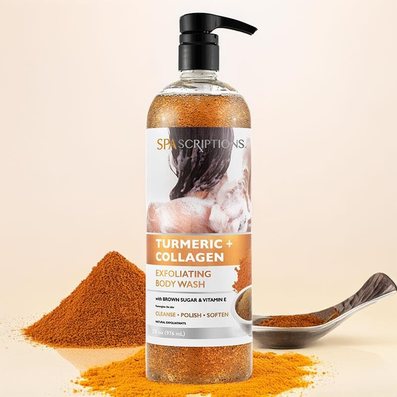 Turmeric & Collagen Exfoliating Body Wash - 33oz Brightening Body Scrub with Brown Sugar & Vitamin E | Deep Cleansing, Skin Nourishment & Glow Boost | Cruelty-Free Spa Treatment for Dry, Dull Skin | Perfect for Shower & Self-Care Routine