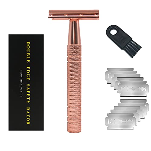 Premium Double Edge Safety Razor for Women & Men - Classic Metal Single Blade Razor with 10 Replacement Blades | Reusable Eco-Friendly Manual Shaver for Smooth Shaving | Perfect for Face, Legs & Body Grooming (Rose Gold)