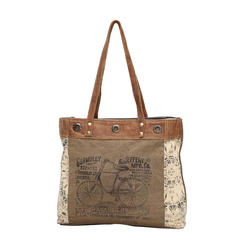 Myra Bags Upcycled Canvas Tote Bag - Eco-Friendly Bicycle Print Reusable Shopping Bag (Tan/Khaki/Brown, One Size) - Perfect for Groceries, Beach Trips & Farmers Market