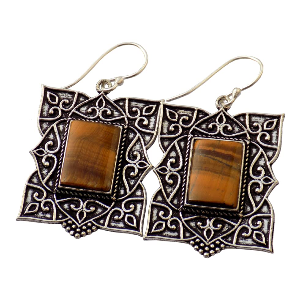 Tiger Eye Earrings for Women - Silver Plated Boho Tribal Dangle Earrings - Perfect Gift for Birthday, Anniversary & Special Occasions