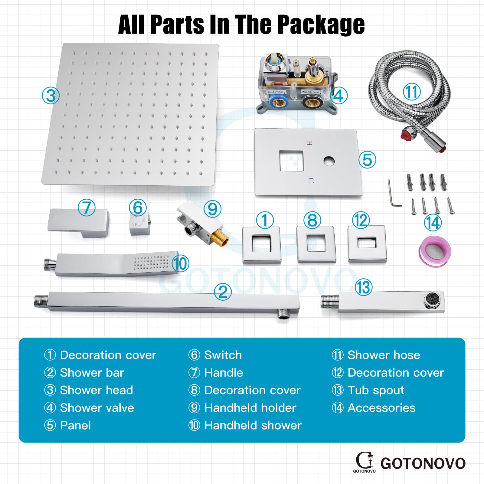 Gotonovo 3-Function Wall Mounted Shower System Set with Rainfall Shower Head, Handheld Spray & Tub Spout - 10 Inch Polish Chrome Shower Faucet Combo & Rough-in Valve Trim Kit for Bathroom Renovation & Spa Experience
