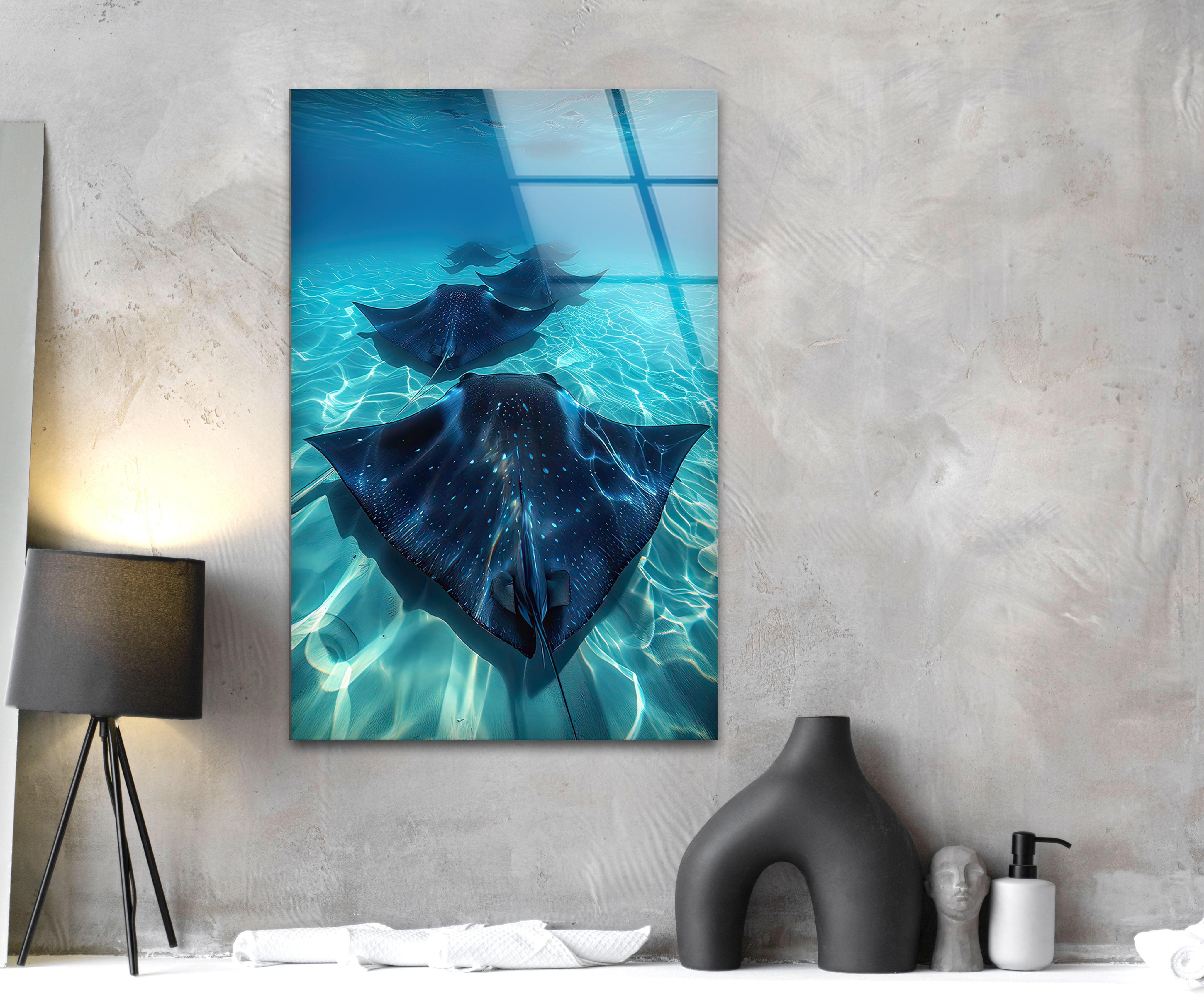 Blue Manta Ray Glass Wall Art - Handcrafted Ocean Themed Decor for Living Room, Bedroom & Office - Perfect Coastal Home Decor Gift