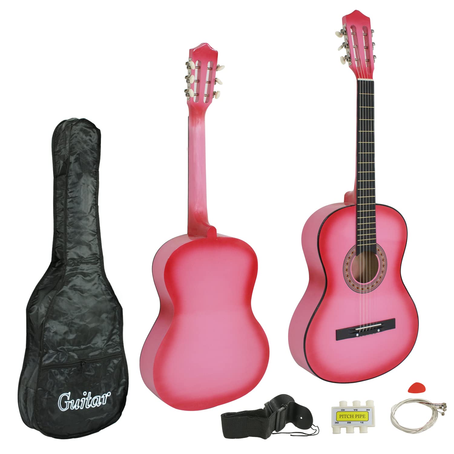 38-inch Kids Beginner Acoustic Guitar - Right-Handed Wood Guitar with Gig Bag, Pitch Pipe, Nylon Strings & Pick - Perfect for Children, Girls, Boys & Beginners (Pink) - Ideal for Music Lessons, Birthday Gifts & Home Practice