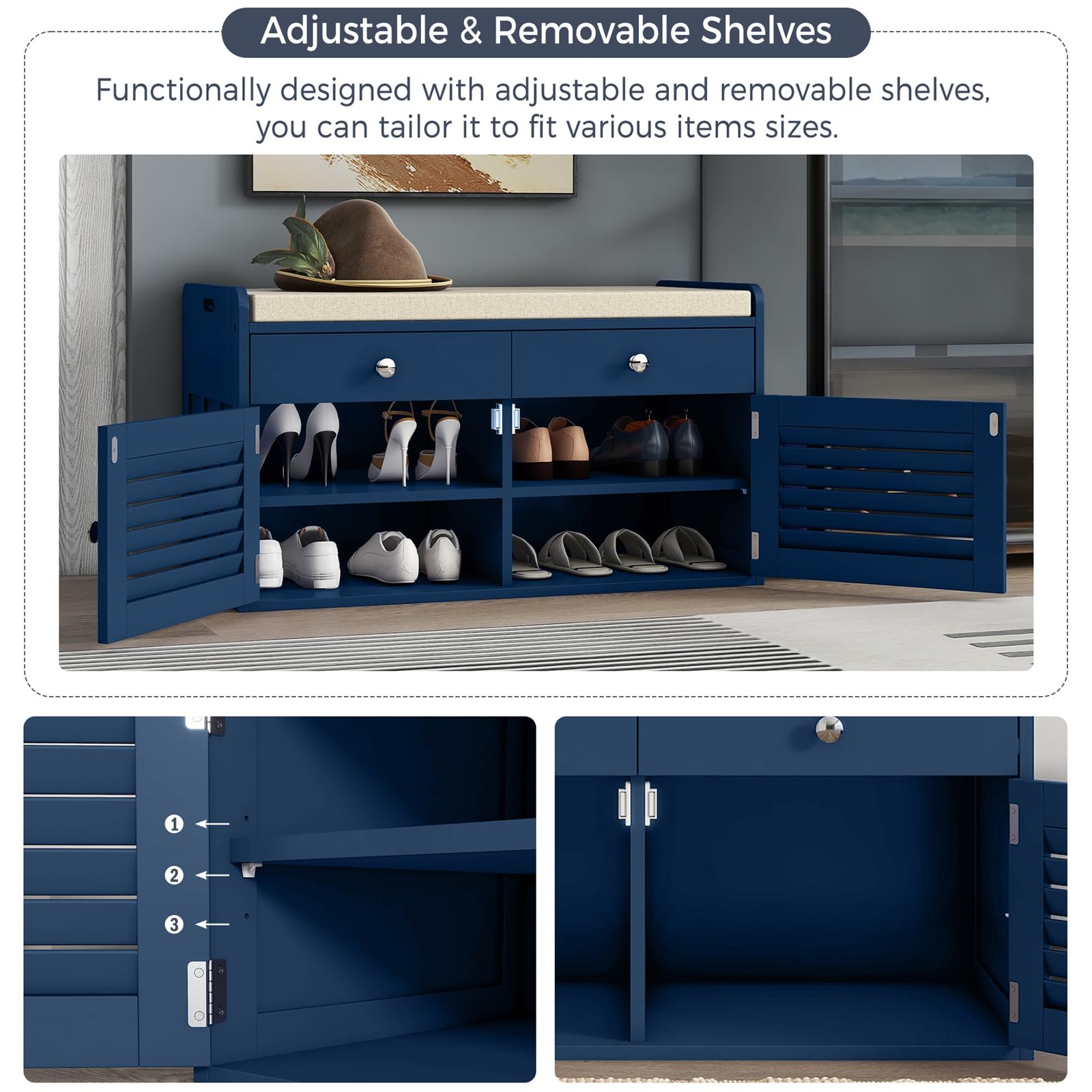 Multi-Functional Shoe Storage Bench with 2 Drawers & 2 Doors - Entryway Organizer with Cushioned Seat, Adjustable Shelves - Shoe Cabinet for Hallway, Living Room, Bedroom & Mudroom (Blue) - Perfect for Small Space Organization & Entryway Decor