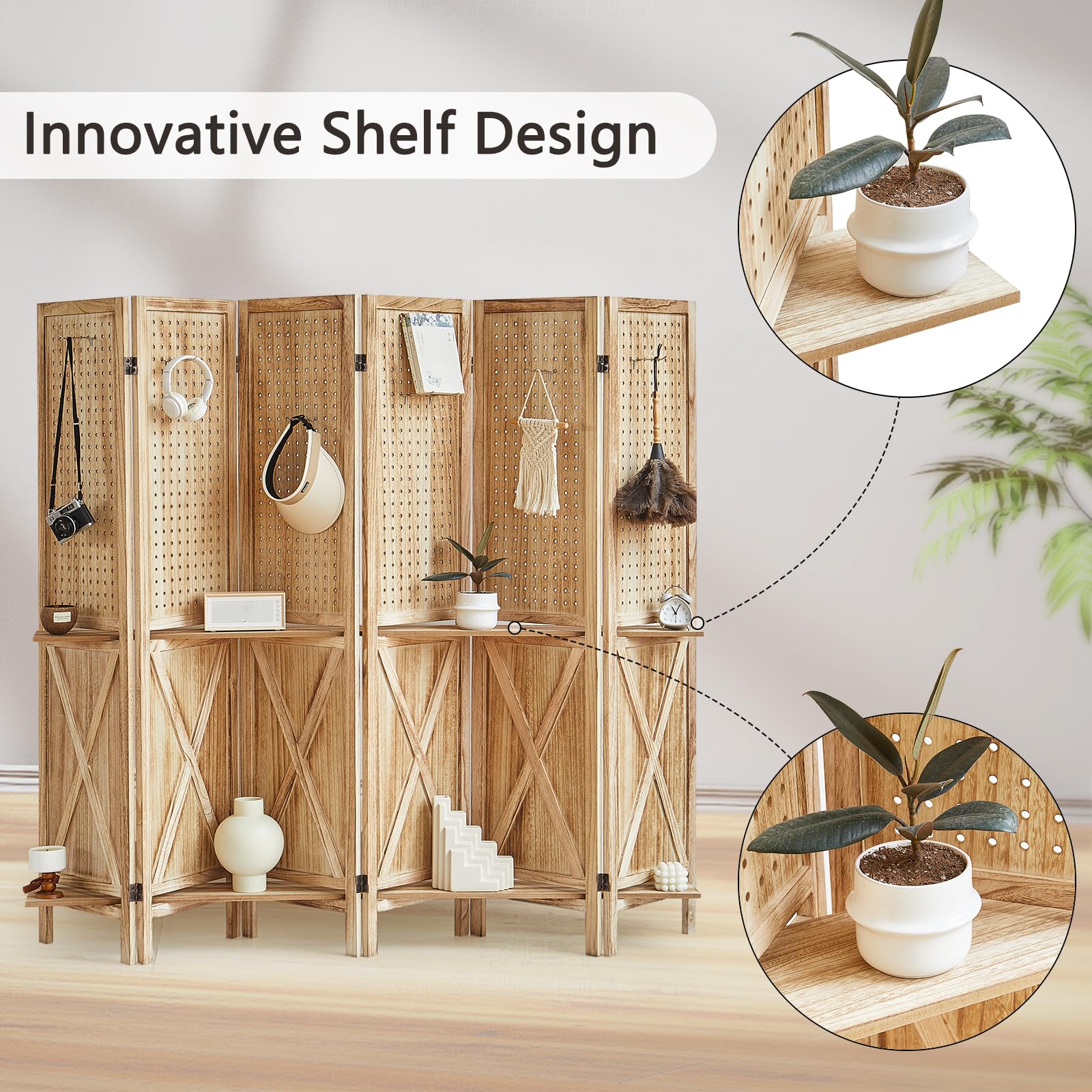6 Panel Wooden Room Divider with Shelves - Foldable Privacy Screen & Pegboard Display for Home & Office - Natural Wood Wall Partition for Bedroom, Living Room, Retail Store (Easy to Move & Assemble) - Perfect for Space Separation, Organization & Stylish Room Decor