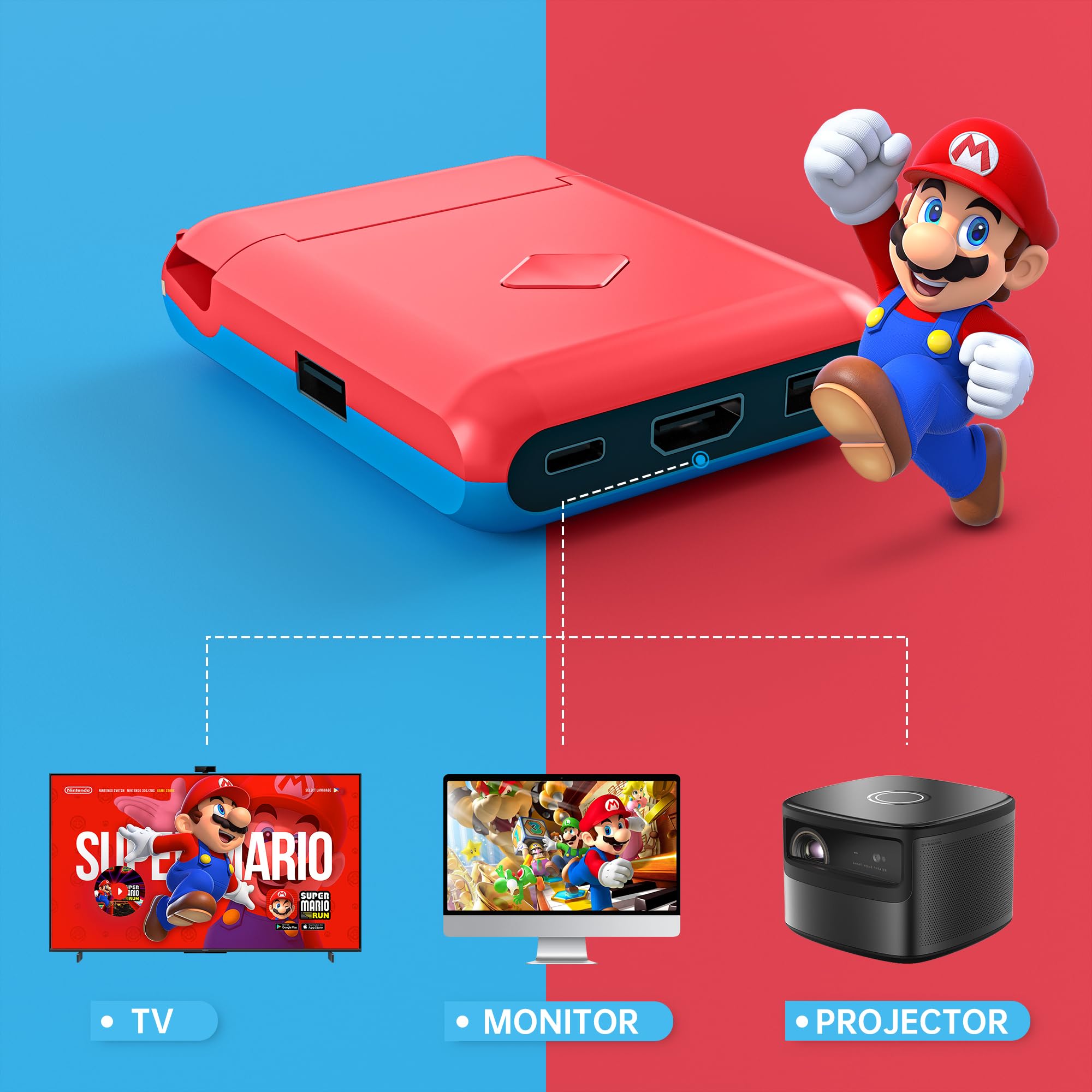 Nintendo Switch & Switch OLED TV Docking Station - 4K/1080P HDMI Adapter with Fast Charging, USB 3.0 & USB-C Ports - Foldable Design (Red/Blue) - Perfect for Home Gaming & Travel Entertainment
