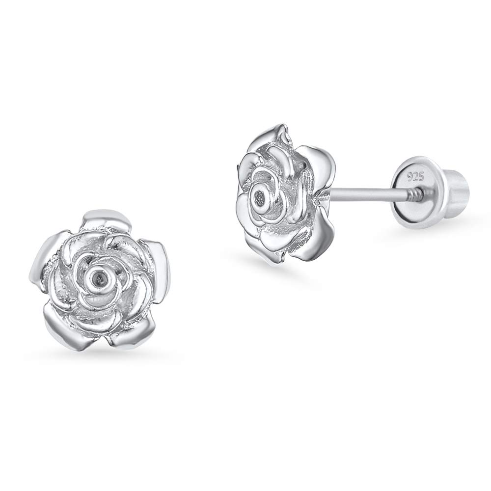 925 Sterling Silver Rhodium Plated Rose Flower Cubic Zirconia Screwback Earrings for Baby Girls | Hypoallergenic Kids Jewelry Gift for Birthdays, Christening & Special Occasions