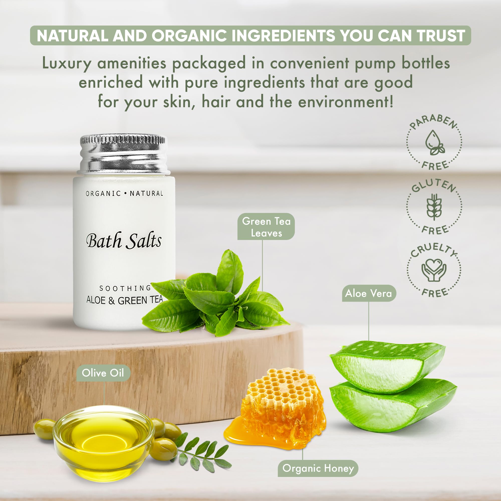 Soothing Aloe Vera & Green Tea Bath Salts for Relaxation - 1.2oz Travel Size Jars (Pack of 300) - Perfect for Hotels, Spas, and Self-Care Gifts