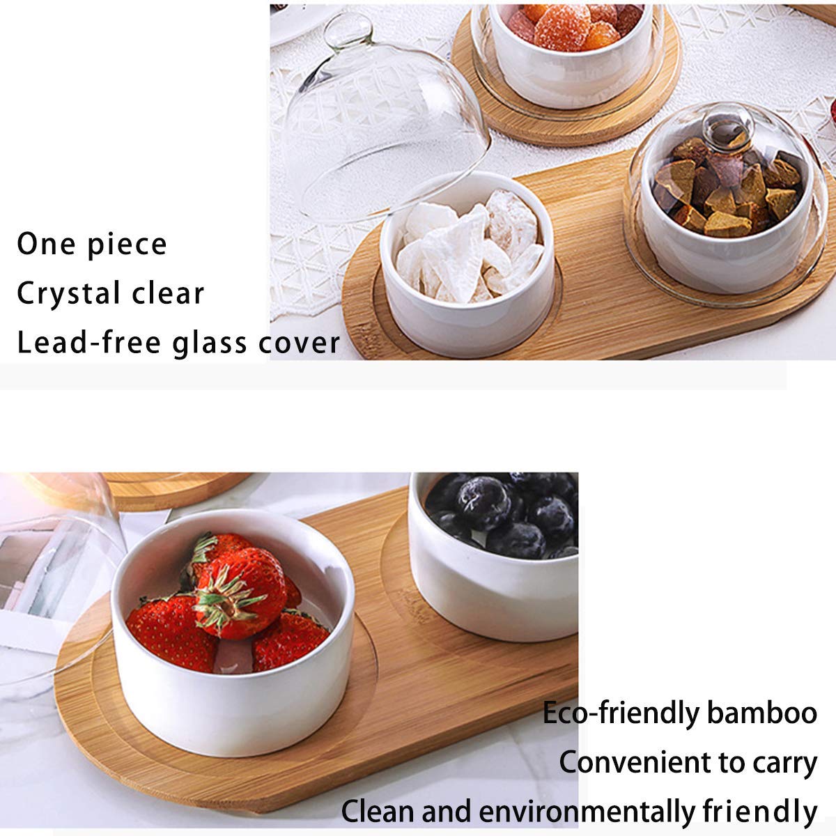 Premium Ceramic Fruit Bowl Set - 2 Large Bamboo & Wooden Salad Bowls for Kitchen, Dining Table, and Coffee Table - Elegant Dark Green Serving Bowls for Fruits, Desserts, Snacks, and Party Entertaining
