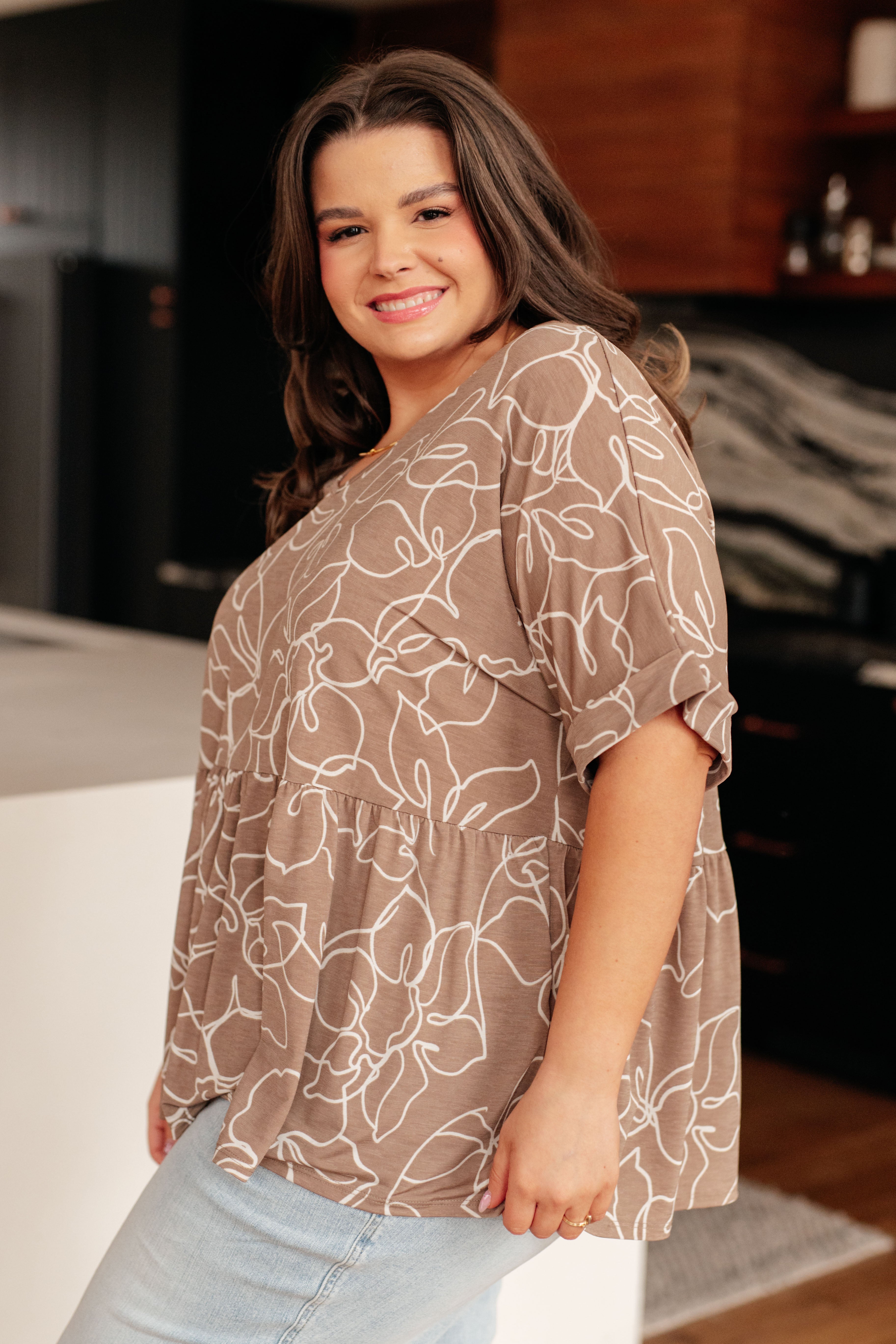 Mocha Petals V Neck Top for Women - Flowy Boho Blouse with Floral Print - Perfect for Casual Outings, Date Nights & Summer Vacations