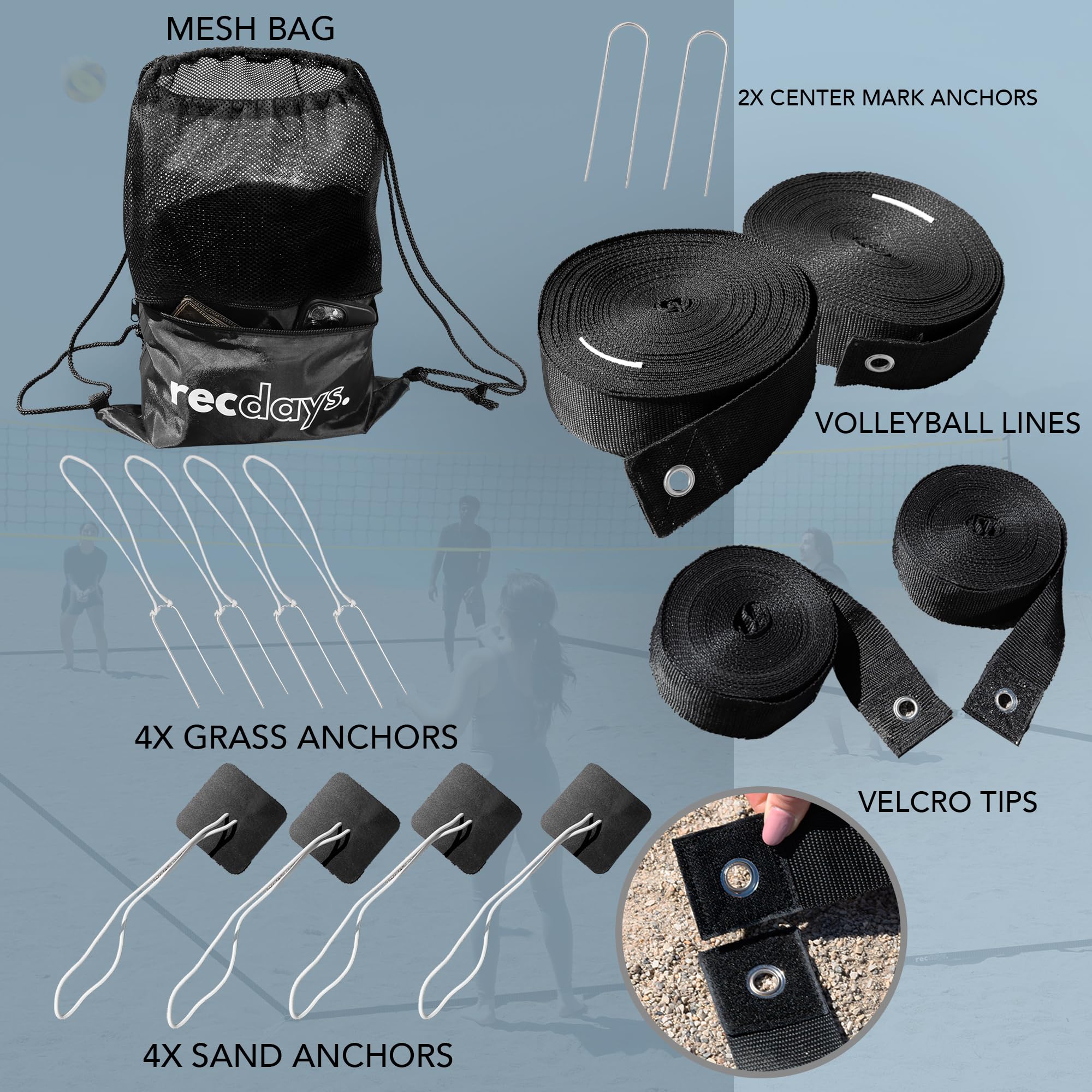 Premium 2-in-1 Volleyball Court Lines - Grass & Beach Volleyball Boundary Kit with 2