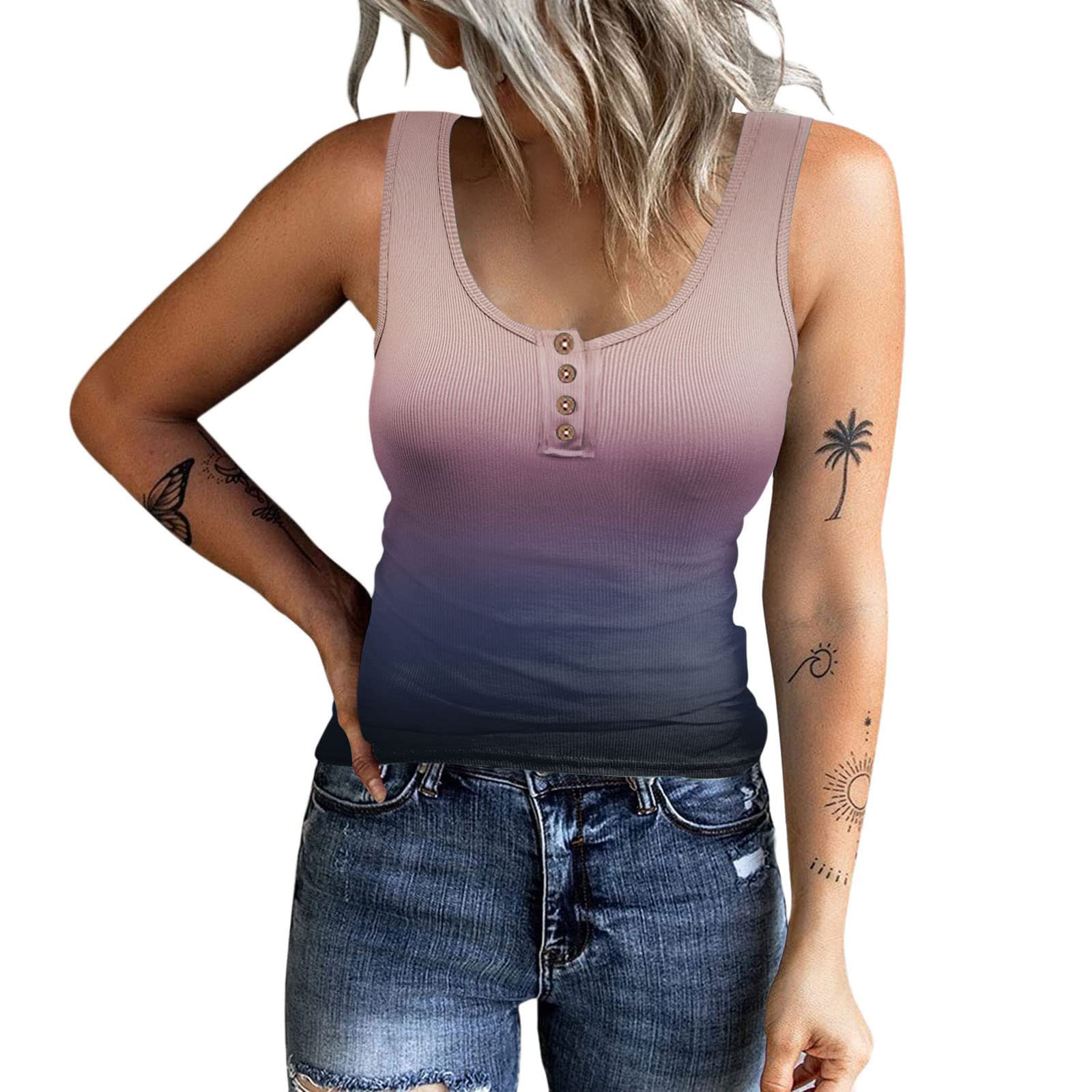 MFJESEAA Women's Workout Tank Top - Sleeveless Gradient Slim Fit V-Neck Button Down Blouse for Yoga, Gym & Summer Casual Wear