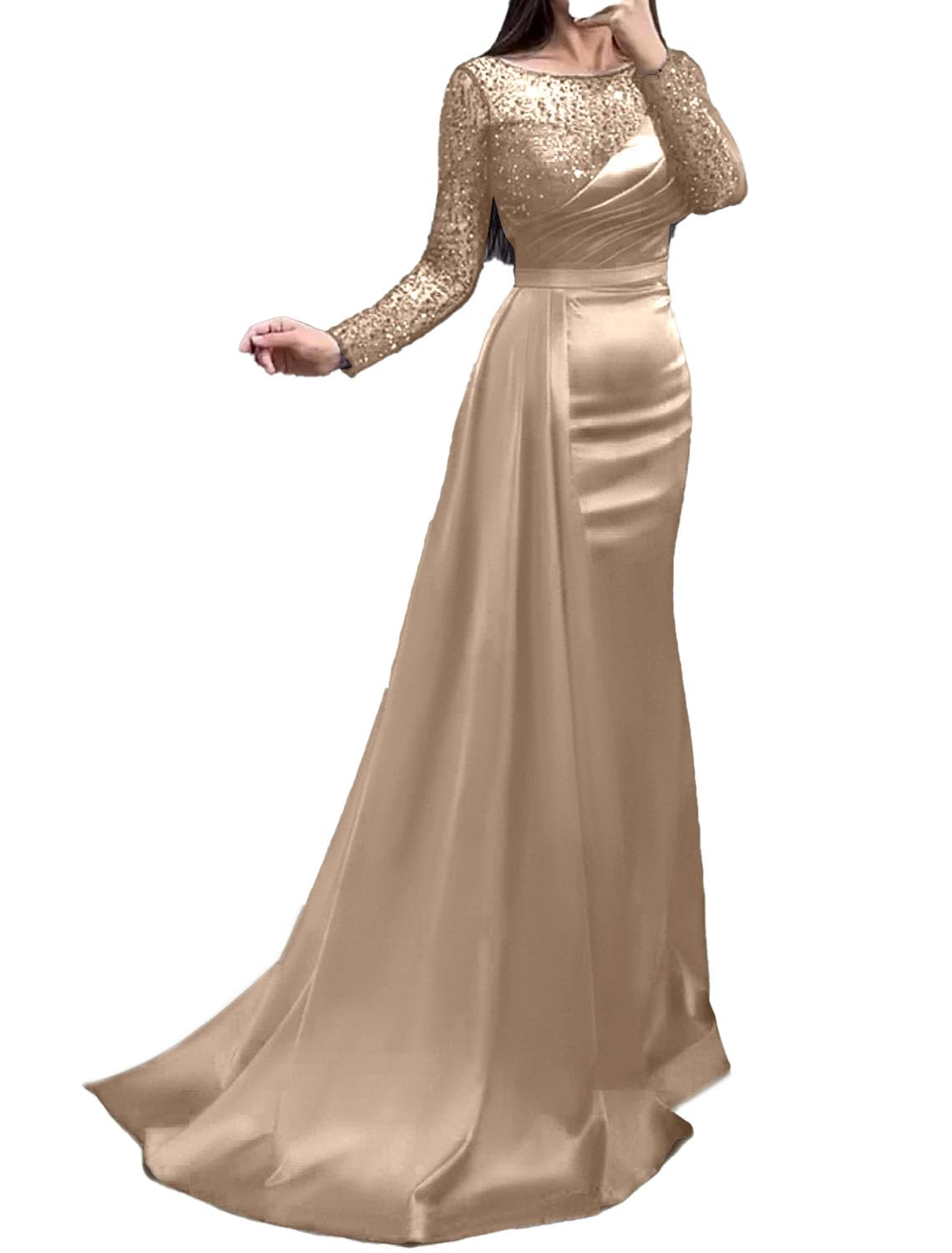 Elegant Mermaid Evening Gown - Red & Green Formal Dress with Sequin Details, Long Sleeves & Jewel Neckline for Wedding Guest, Court Train - Perfect for Black Tie Events, Galas & Special Occasions 2024