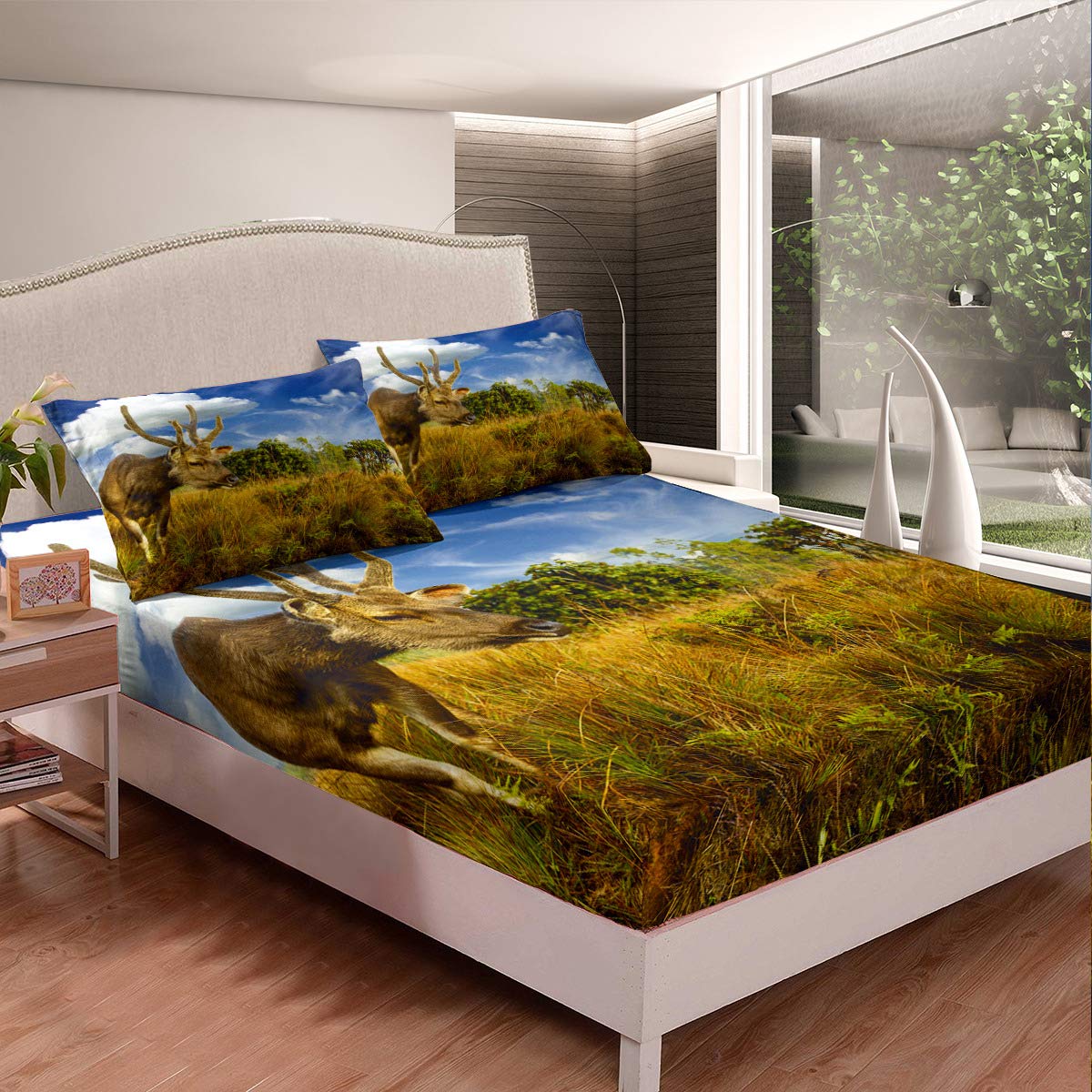 3D Deer Eating Grass Printed Kids Duvet Cover Set - Twin Size Bedding with Fitted Sheet & Pillowcase (2PC) - Green Plants & Sky Design for Boys/Girls Bedroom Decor - Soft & Breathable Cotton for Comfortable Sleep