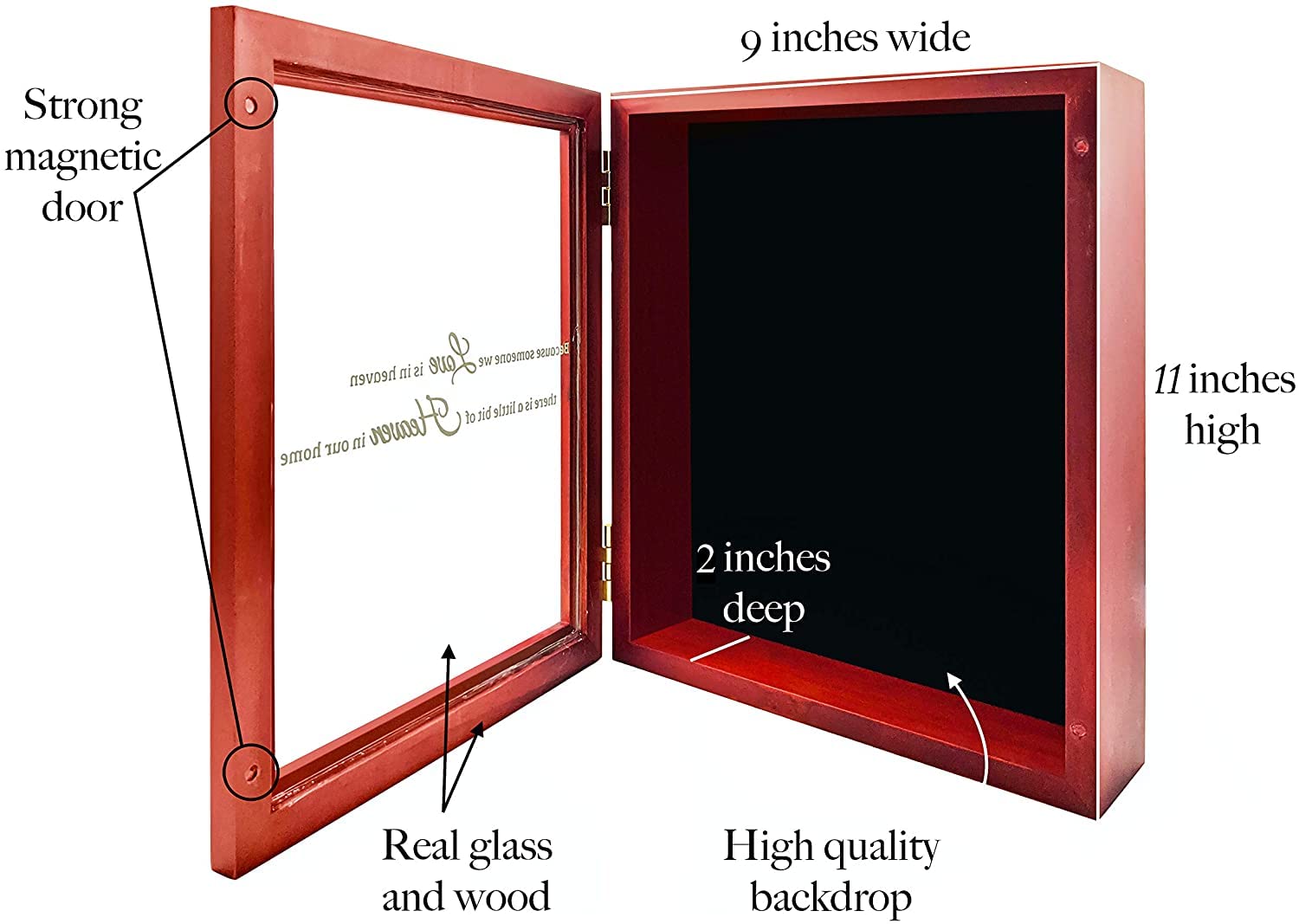 Memorial Shadow Box Display Case - Dark Cherry Wood Red Frame, 11