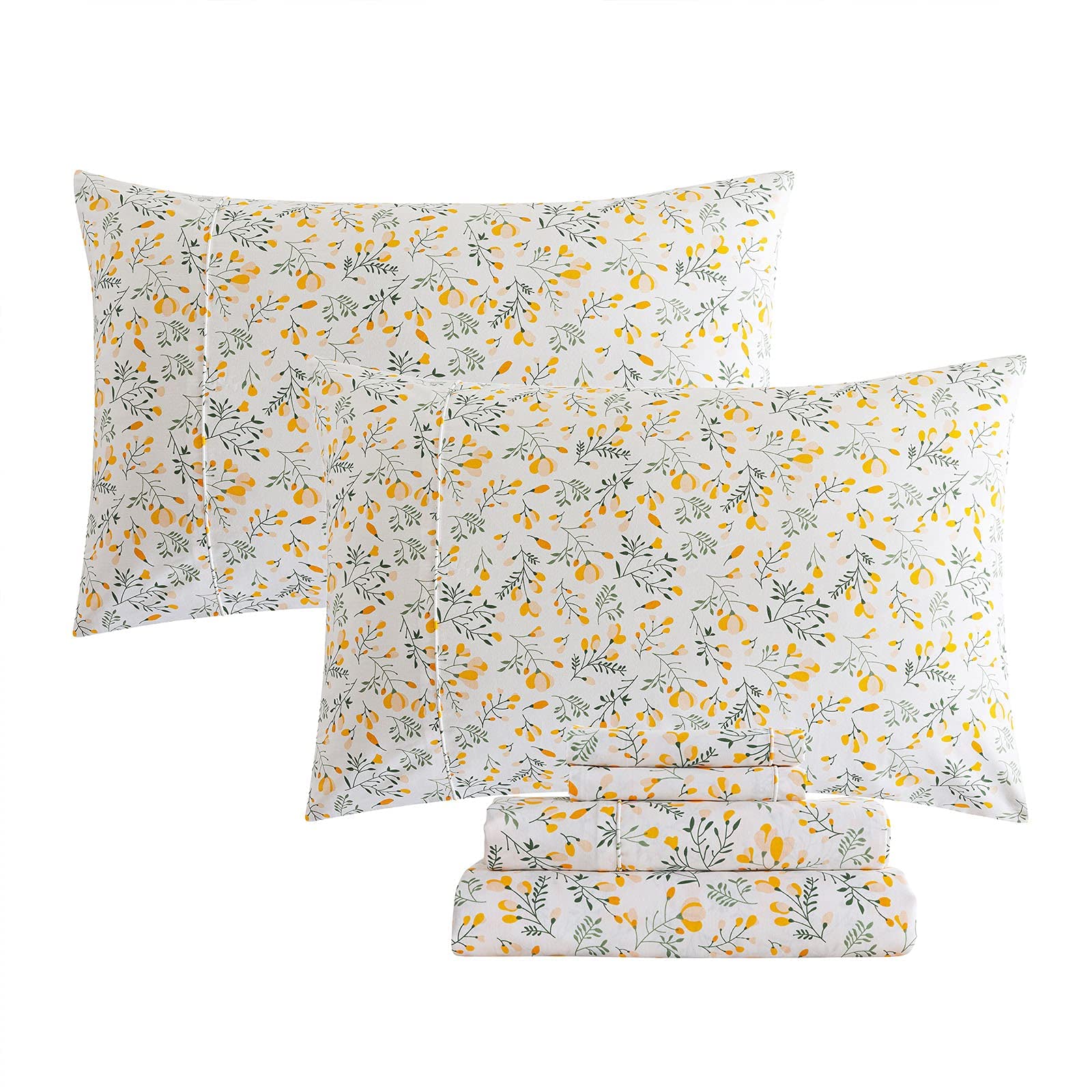FADFAY 100% Cotton 600 TC King Size Printed Bed Sheets Set - Luxury Premium Floral Botanical Design with Yellow & White Elegant Branches Pattern, Super Soft Leaves, Deep Pocket (4 Pieces) for Bedroom Decor, Guest Room, Hotel & Home Comfort