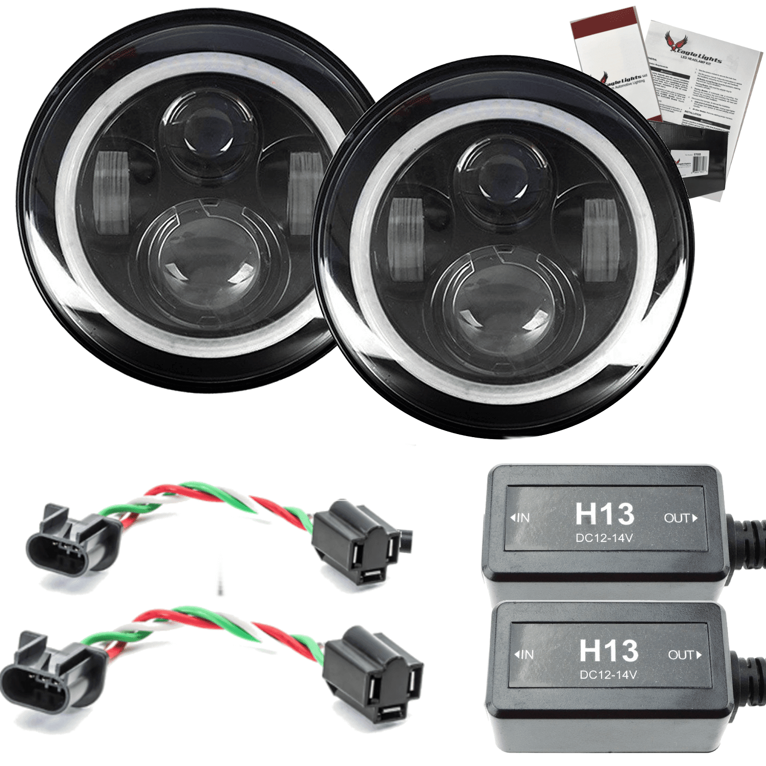 Eagle Lights 7 LED Headlight Kit for Jeep Wrangler & Gladiator - White LED Halo Rings, High Brightness, Plug & Play - Double Pack - Perfect for Off-Roading & Night Driving