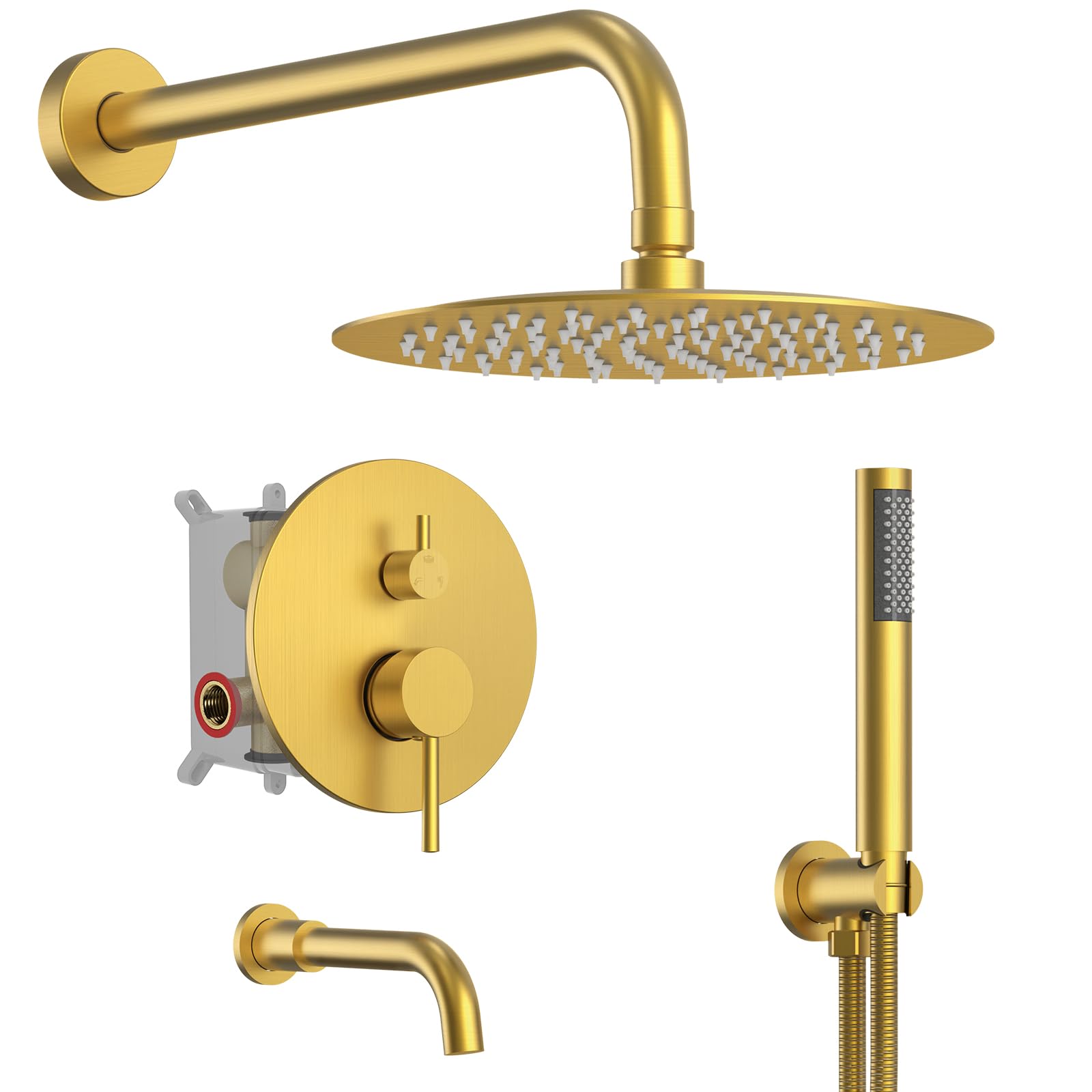 EVERSTEIN 3-Function Shower Faucet Set - 10 Inch High Pressure Round Rain Shower Head with Handheld Sprayer, Wall Mount Tub Spout, Brushed Gold Finish for Bathroom & Spa Relaxation