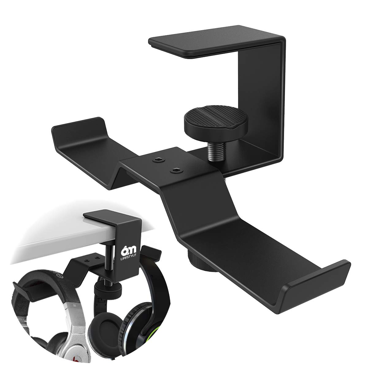 6amLifestyle Under Desk Dual Headphone Hanger - Universal Metal Headset Stand with Clamp for Gaming Earphones, Headsets & Accessories (Black, Patent) - Perfect for Home Office, Gaming Setup & Workspace Organization