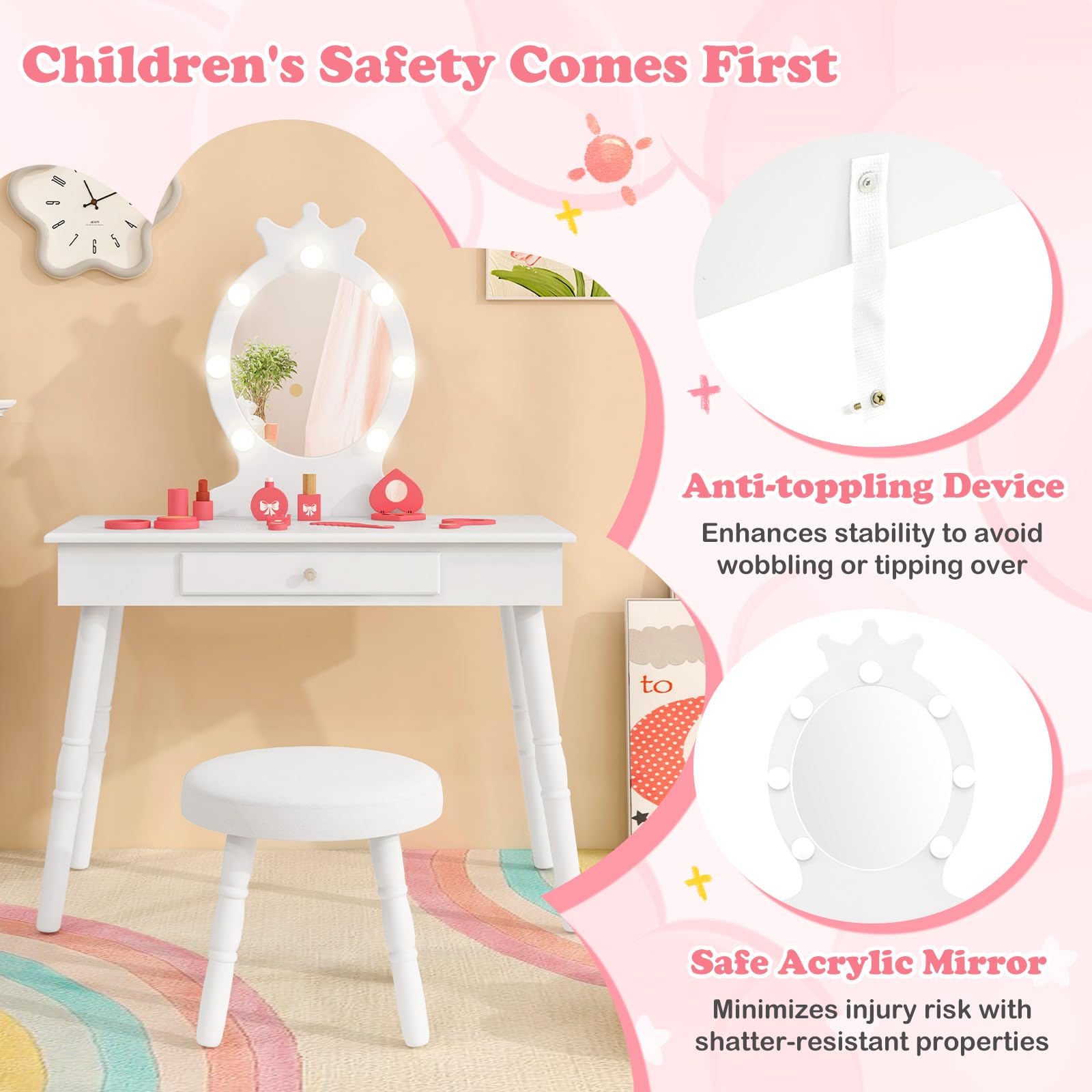HONEY JOY Kids Vanity Set with LED Lights - Princess Wooden Makeup Table & Stool with Drawer, 3-Color Adjustable Lighting, Toddler Dressing Vanity for Girls Ages 3-8, Pretend Play Furniture for Bedroom & Playroom (White) - Perfect for Birthday Gifts & Role Play Activities