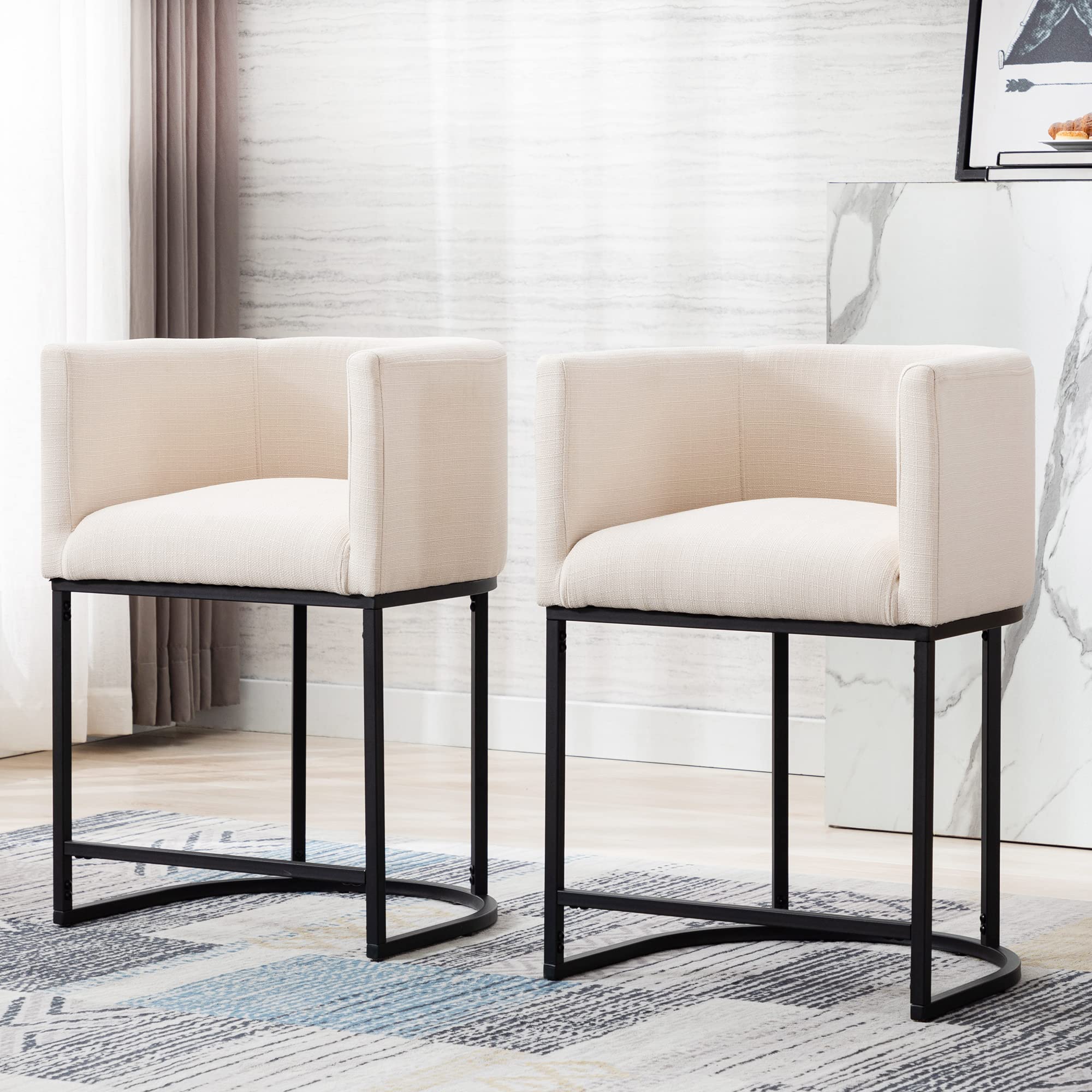 Modern Linen Fabric Counter Height Stools Set of 2 - 24 Inch Kitchen Island Bar Stools with Black Tubular Metal Frame in Cream - Perfect for Breakfast Nook, Kitchen Island, or Home Bar Seating