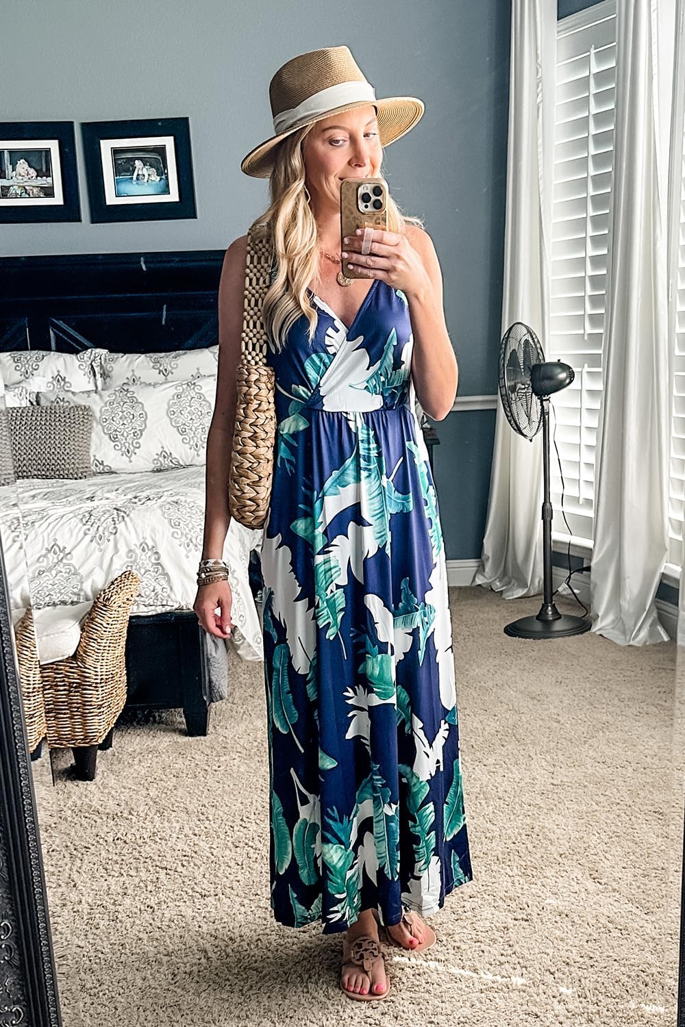 OUGES Women's Floral Maxi Dress - V Neck, Adjustable Spaghetti Strap Summer Beach Dress with Pockets | Perfect for Vacations, Pool Parties & Casual Outings