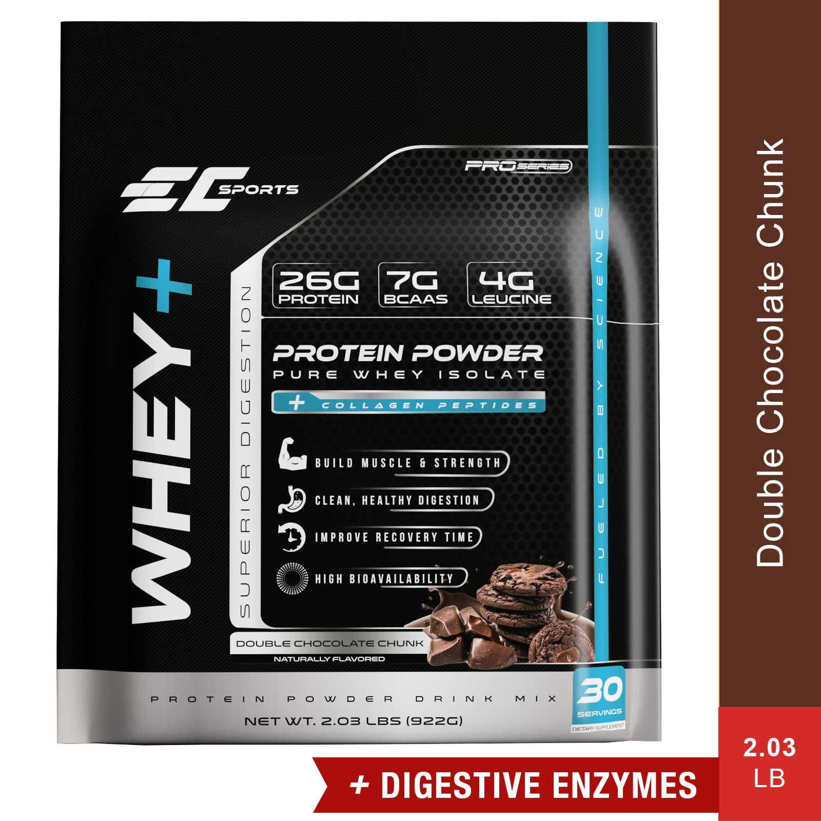 Premium Whey Protein Powder with Digestive Enzymes & Collagen Peptides - Double Chocolate Chunk Flavor - 30 Servings for Muscle Recovery & Post-Workout Nutrition - Ideal for Gym, Fitness & Weight Loss