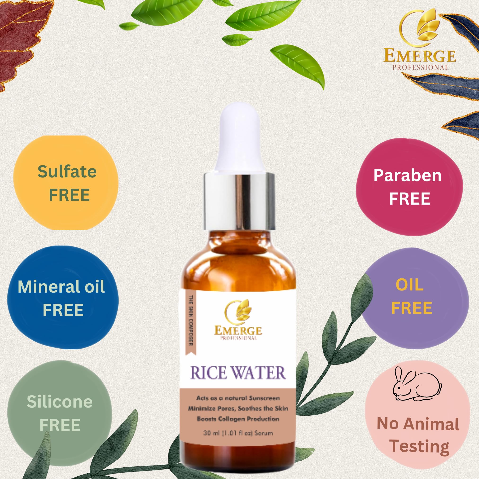 EMERGE Professional Rice Water Serum for Glass Skin - Brightening & Hydrating Facial Treatment for Glowing Complexion | Perfect for Daily Skincare & Night Routine