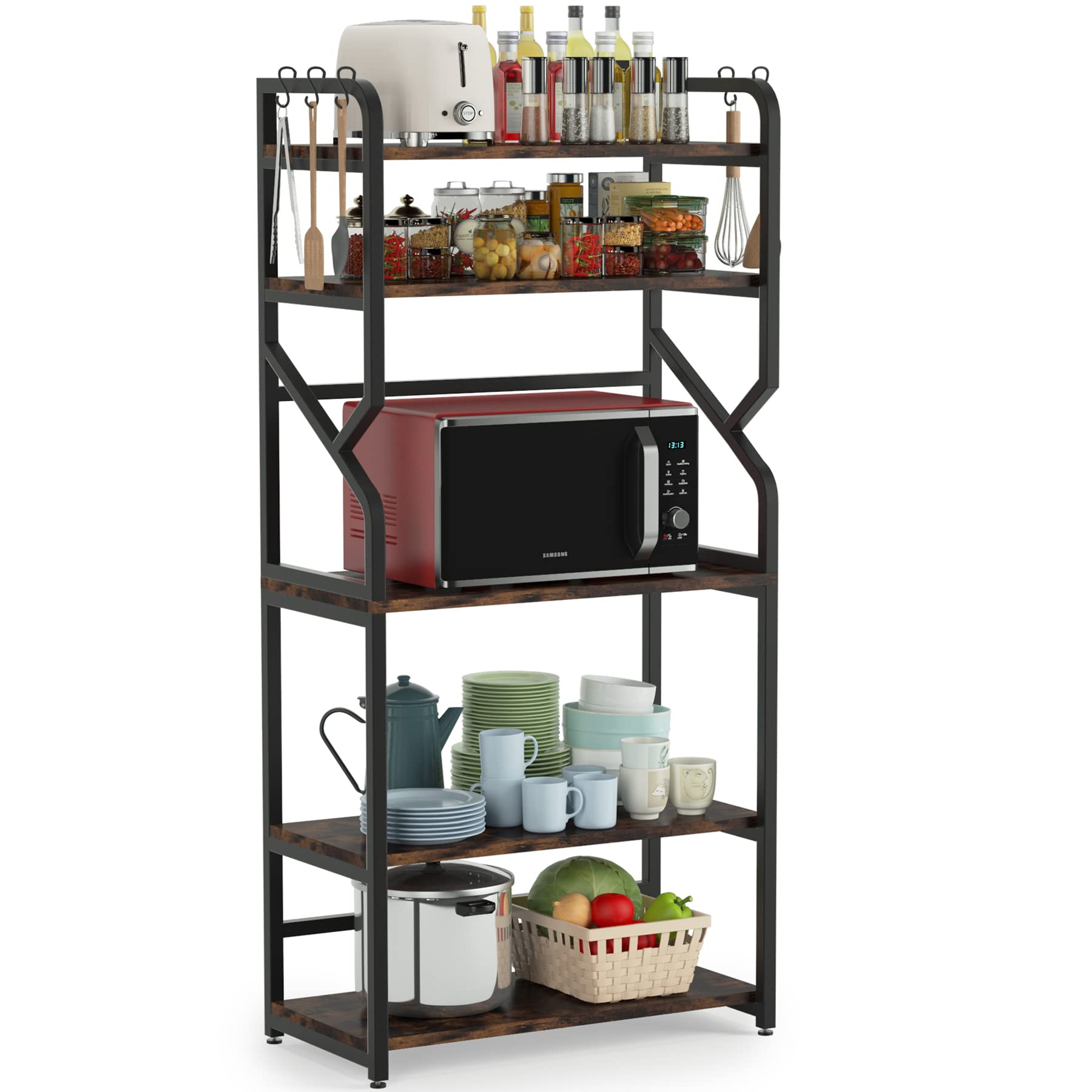 Tribesigns 5-Tier Kitchen Baker's Rack with Microwave Stand - Spice Organizer, Coffee Bar Storage Shelf with 5 Hooks - Space-Saving Brown Utility Shelf for Small Kitchens, Apartments & Dorm Rooms