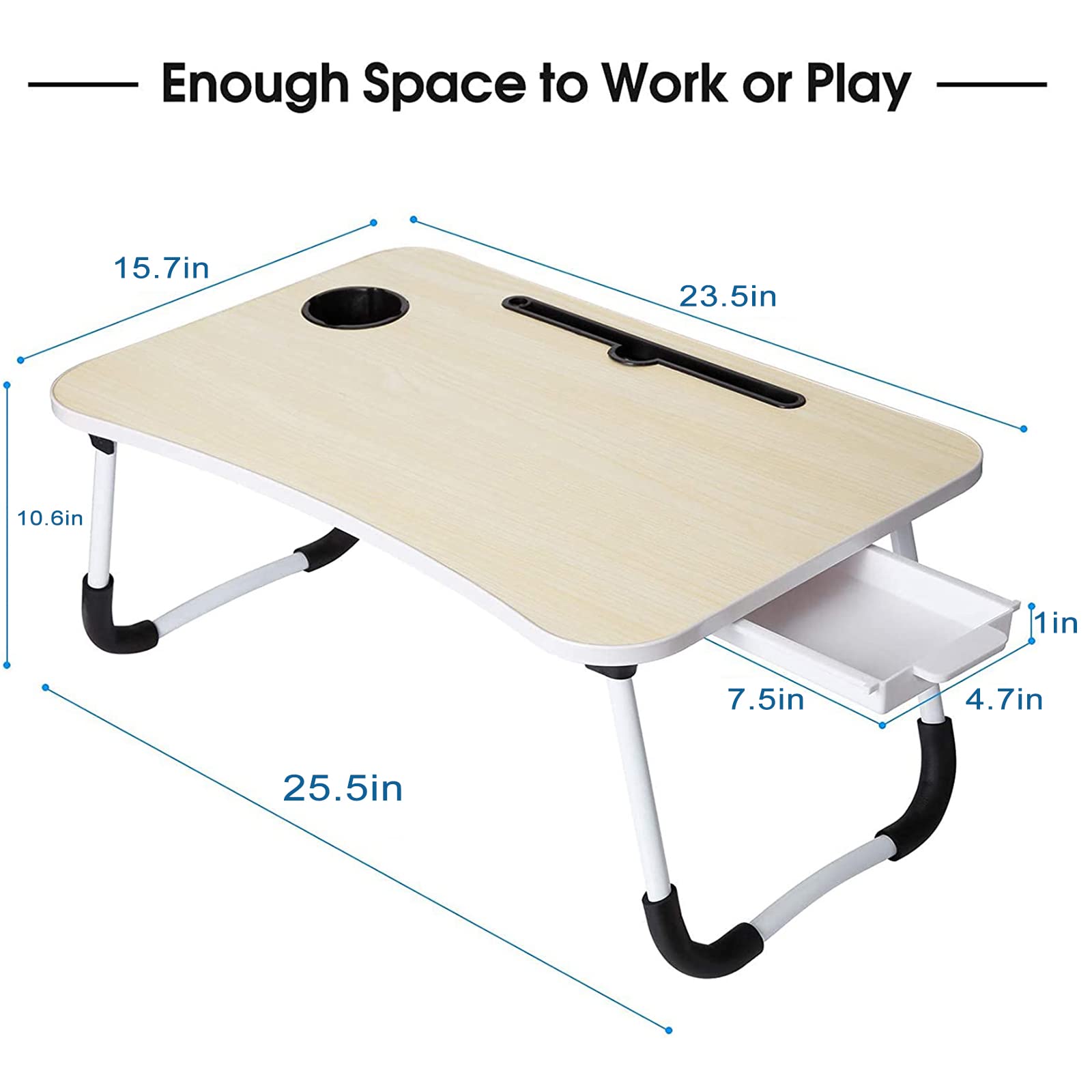 EAQ Foldable Laptop Bed Tray Table with Cup Holder & Storage Drawer - Portable Adjustable Laptop Stand for Working, Reading in Bed, Couch or Sofa - Beige Home Office & Study Essential