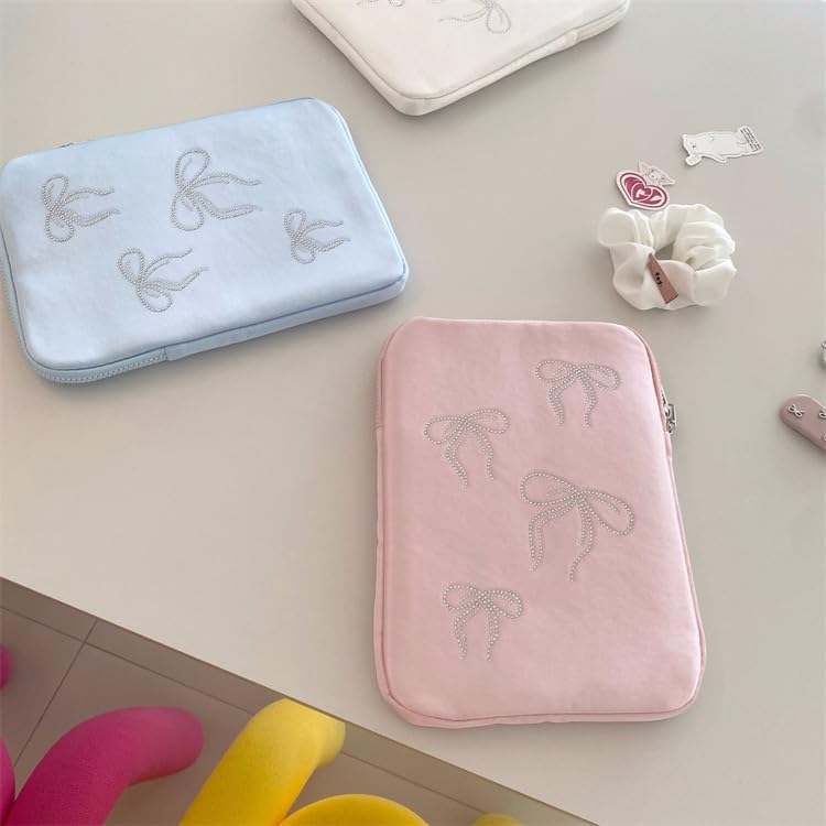 Y2K Fairycore Laptop Sleeve for Women - Cute Rhinestone Bow Tie Pattern Puffy Notebook Cover for 11-15.6 Inch MacBook & Laptops (13-14 Inch, Pink) - Perfect for School, Work & Travel