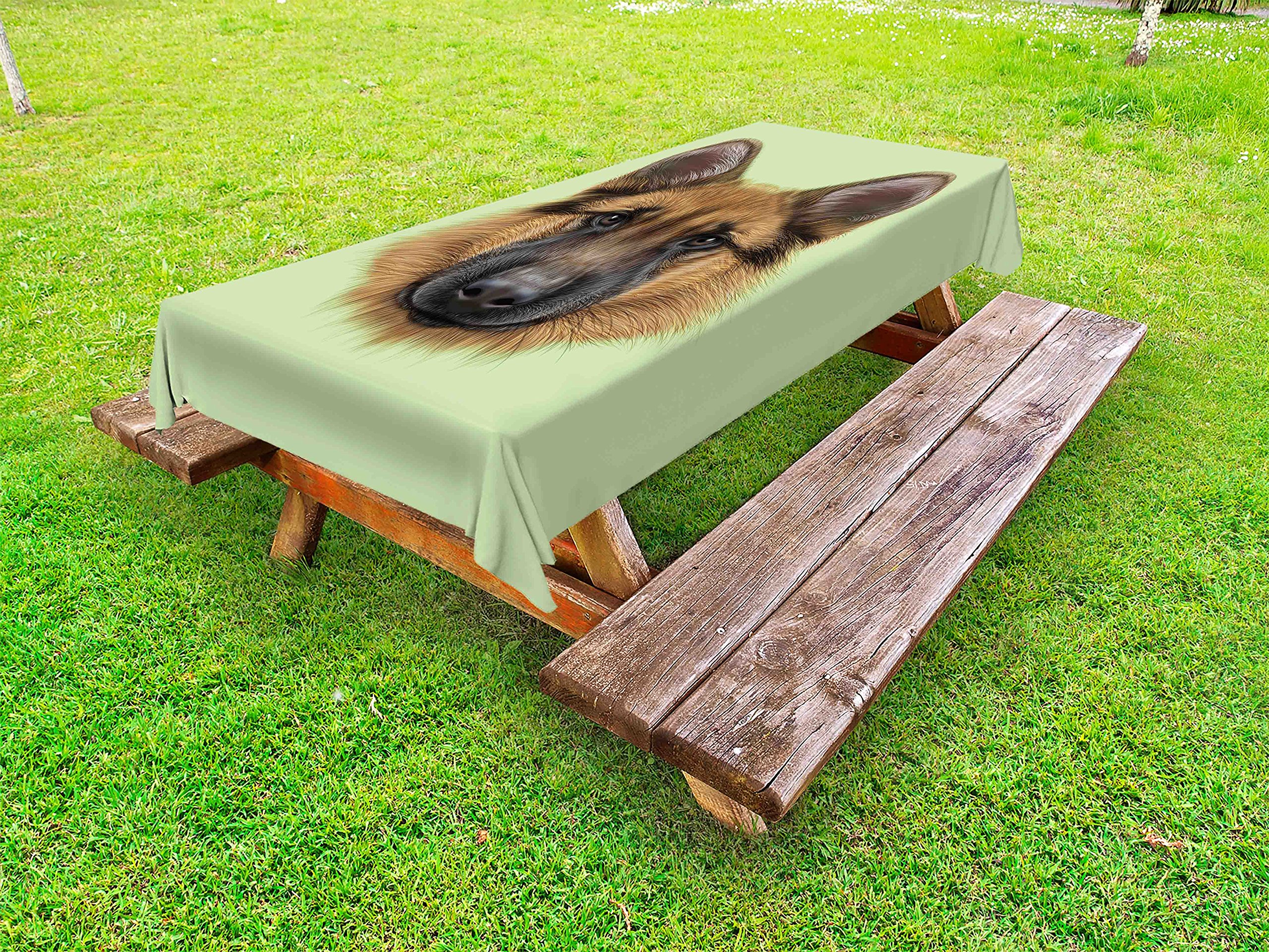 Lunarable German Shepherd Outdoor Tablecloth - Pastel Background with Detailed Pet Illustration, Washable Picnic Table Cover 58x84 Inches in Pale Green, Brown & Black - Perfect for Picnics, BBQs, and Outdoor Dining