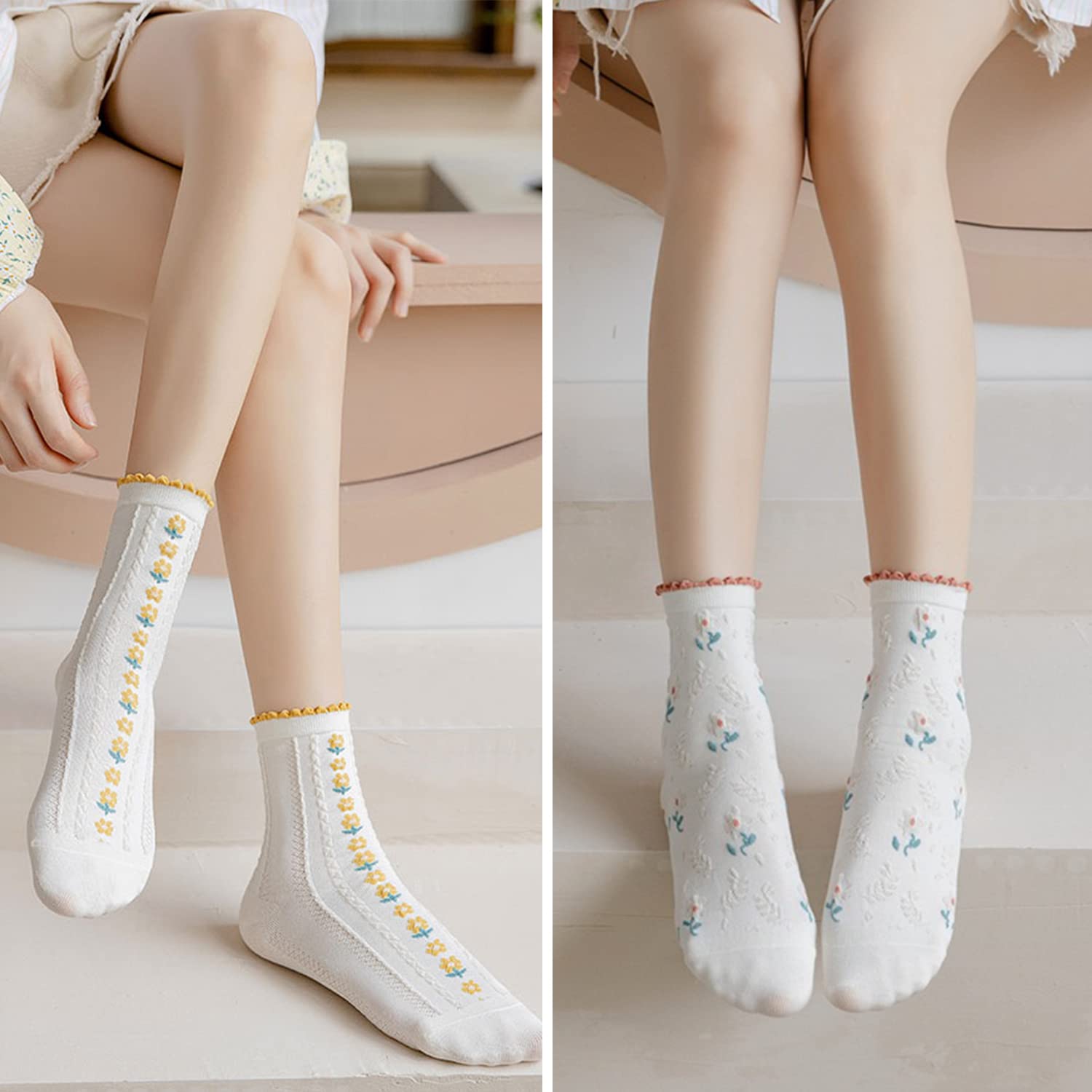 Albagu Women's Crew Socks - 5 Pack Cotton Casual Cute Floral Ankle Socks for Girls | Thin Dress Socks for Work, School & Everyday Wear | Fun Novelty Socks Collection