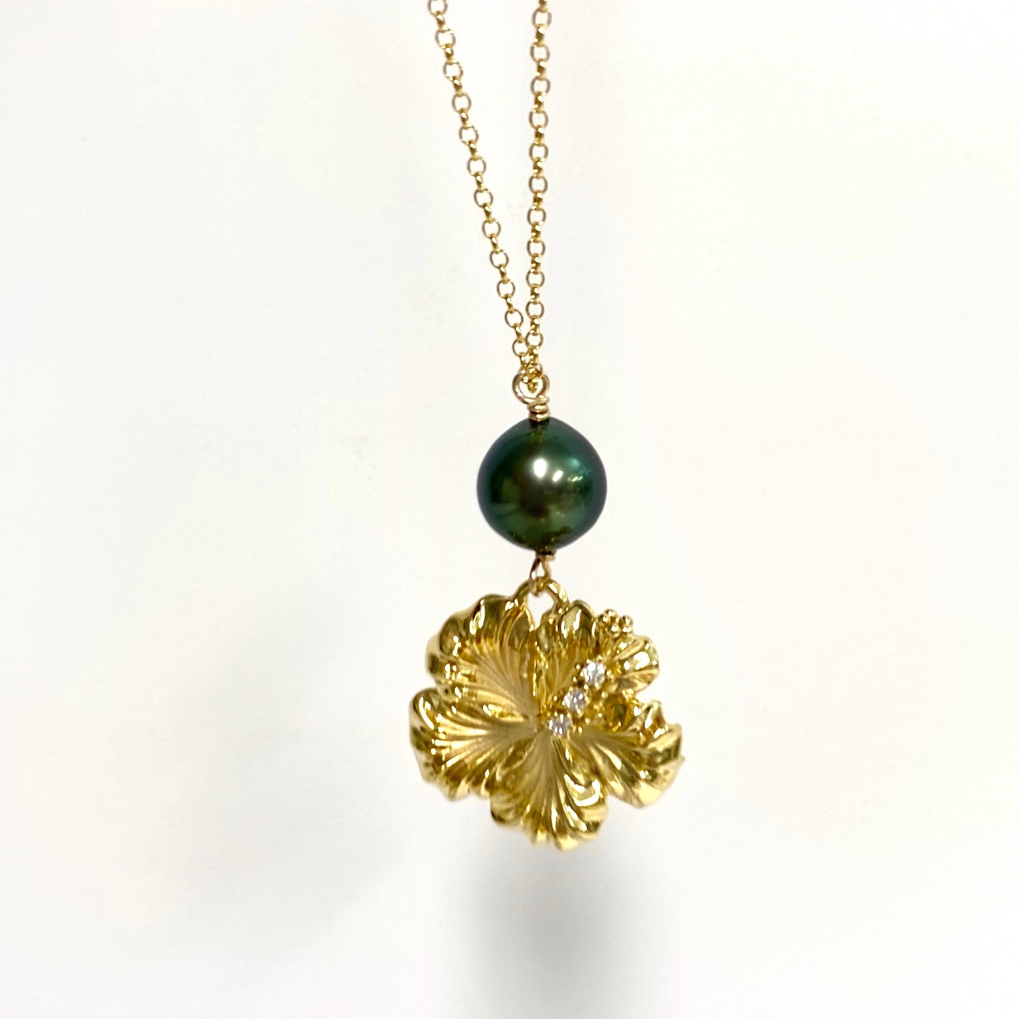 Exquisite Tahitian Pearl Hibiscus Pendant Necklace (N345) - Elegant Hawaiian Jewelry for Women, Perfect for Weddings, Parties & Special Occasions