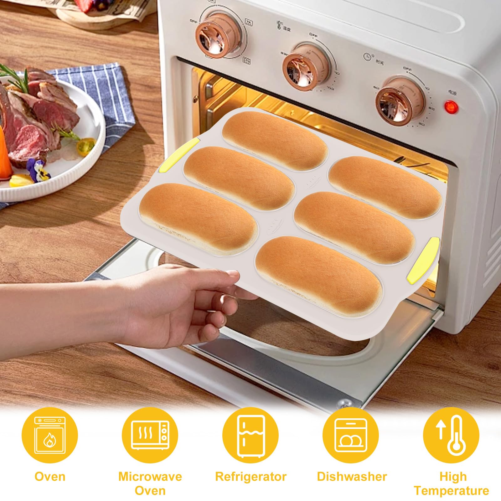 Nonstick Silicone Baguette Pan - 6-Cavity Perforated Baking Tray for French Bread, Hot Dog Buns & Sandwiches | Oven-Safe Bread Mold in Nordic Brown | Perfect for Home Baking, Restaurants & Bakeries