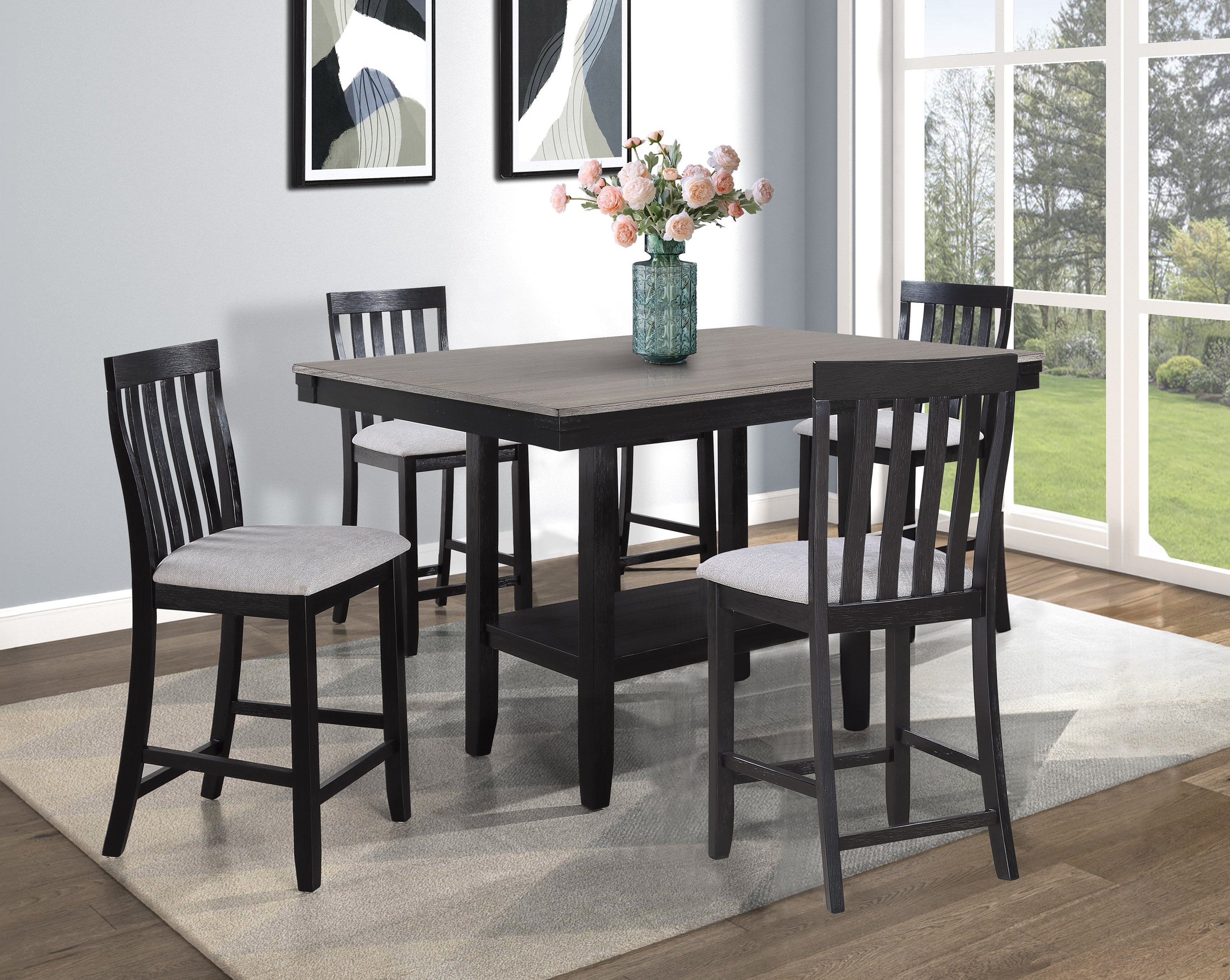 2-Piece Black & Light Gray Counter Height Chairs - Solid Wood Slat Back Bar Stools for Kitchen Island, Dining Room & Breakfast Nook - Modern Farmhouse Style Counter Stools with Comfortable Seat Height (Set of 2)