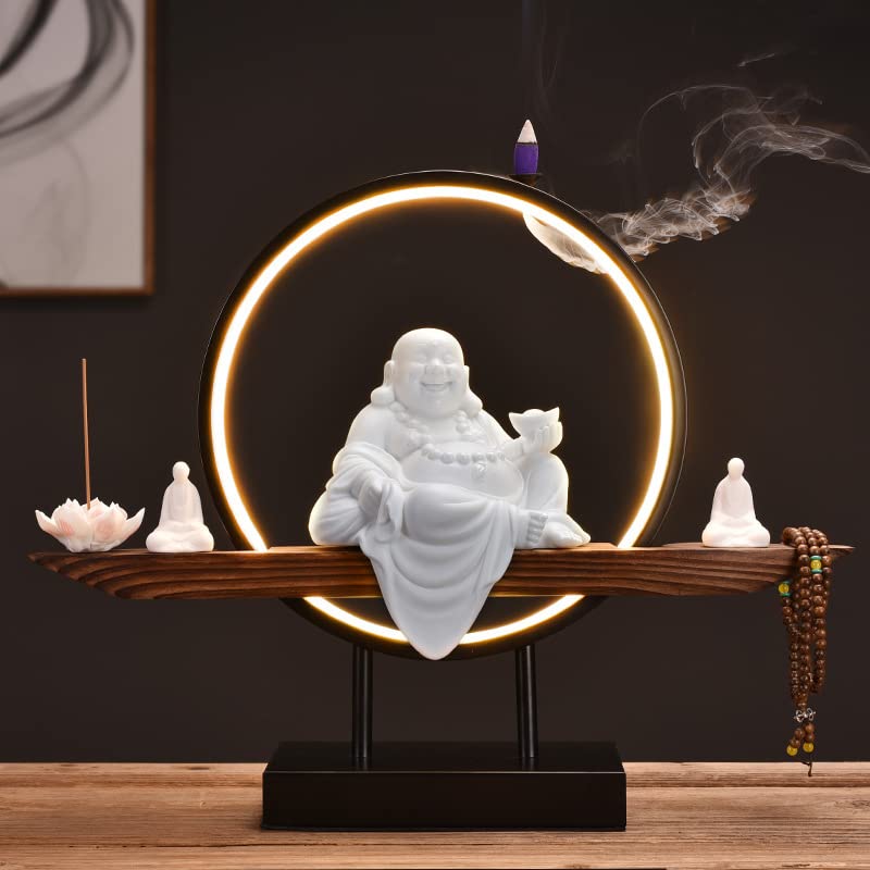 Buddha Sculpture Incense Burner with LED Light Ring & Wooden Base - Zen Decor for Meditation, Relaxation, Yoga - Perfect for Living Room, Office Desktop, Meditation Space & Spiritual Gifts (K-4)