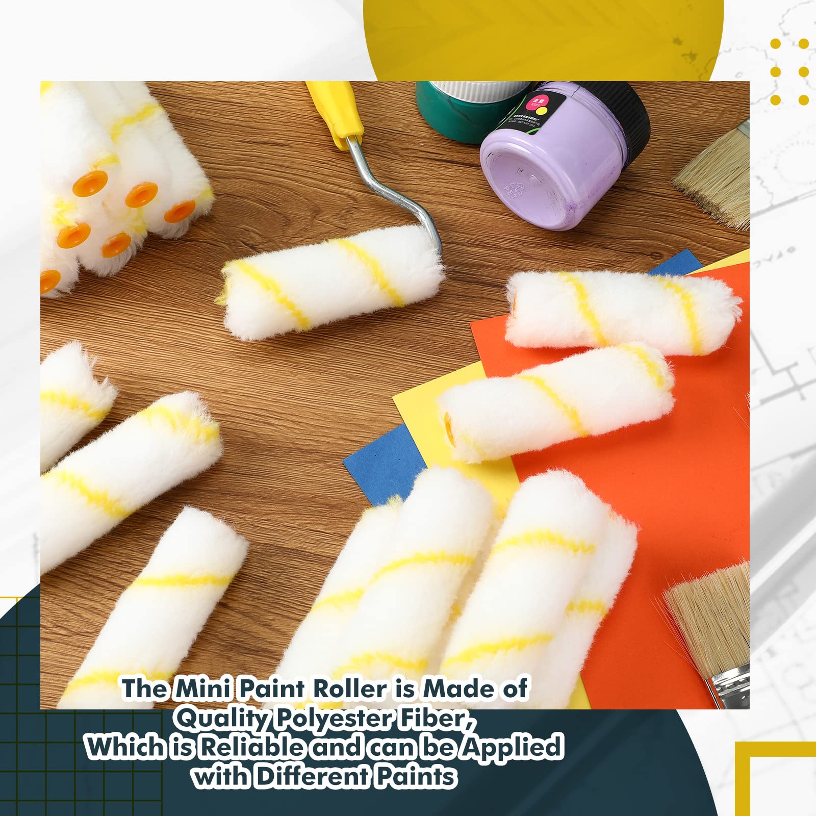 Leumoi 100-Pack 1/2 x 4 Inch Microfiber Paint Roller Covers - Small Mini Roller Nap for Wall Painting, DIY Projects & Home Improvement - Yellow & White - Perfect for Interior Walls, Furniture Refinishing & Craft Projects