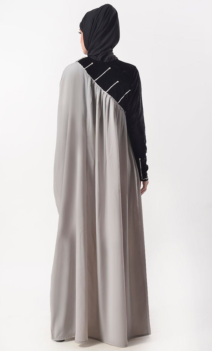 Elegant Black and Grey Contrast Asymmetrical Abaya Kaftan Dress - Perfect for Ramadan, Eid, Wedding & Special Occasions