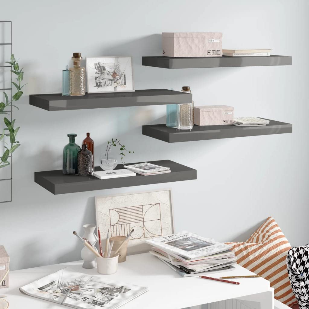 Floating Shelves Set of 4 - Modern Wall Mounted Shelves with Invisible Brackets for Bedroom, Bathroom, Living Room & Hallway - Space Saving Storage for Books, Plants & Decor (Grey High Gloss, 23.6