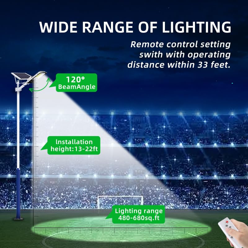 Solar Powered LED Street Lights Outdoor - 6500K Bright White, Dusk to Dawn Auto On/Off, IP65 Waterproof with Remote Control - Perfect for Parking Lots, Gardens, Yards, Patios, Stadiums & Public Plazas (Energy Efficient Outdoor Lighting Solution)