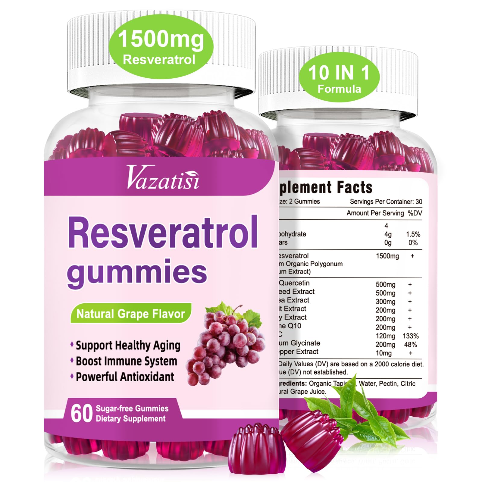 Premium 98% Trans-Resveratrol Gummies with Quercetin, CoQ10 & Vitamin C - Antioxidant Anti-Aging Supplement for Heart Health & Skin Care - 120 Chewable Gummies for Daily Wellness & Longevity Support