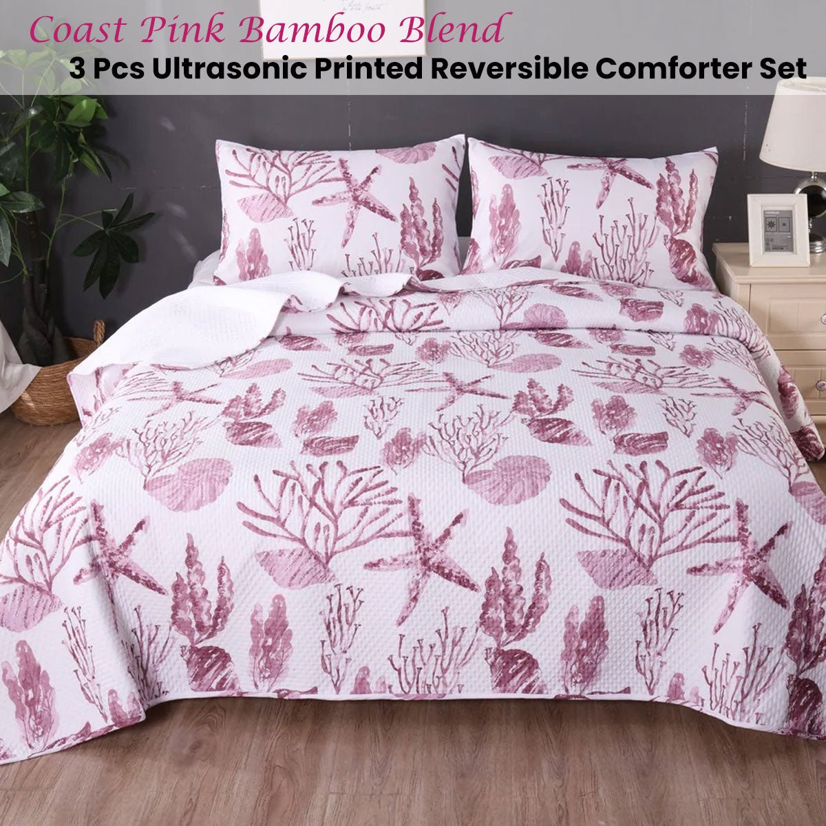 Coast Pink 3-Piece Bamboo Blend Ultrasonic Reversible Comforter Set King Size - Soft Luxury Bedding for Master Bedroom & Guest Room