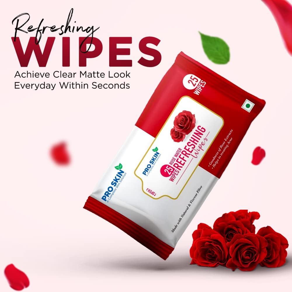 PROSKIN Rose Water Refreshing Facial Cleansing Wet Wipes - Natural Viscose Fiber with Aloe Vera & Vitamin E | Hydrating, Paraben & Alcohol Free | Makeup Removal, Travel & Gym Essentials (50 Wipes, Pack of 2)