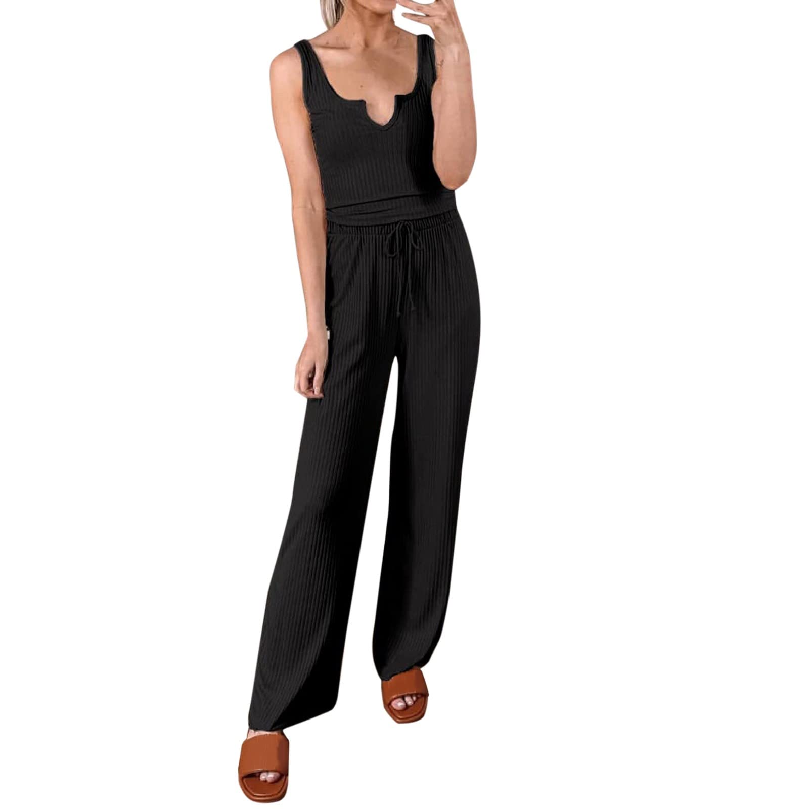Plus Size Women's Summer Pajama Set - Ribbed Knit Tank Top & Long Pants Two Piece Outfit | Comfortable Casual Sleepwear for Lounge & Home Relaxation